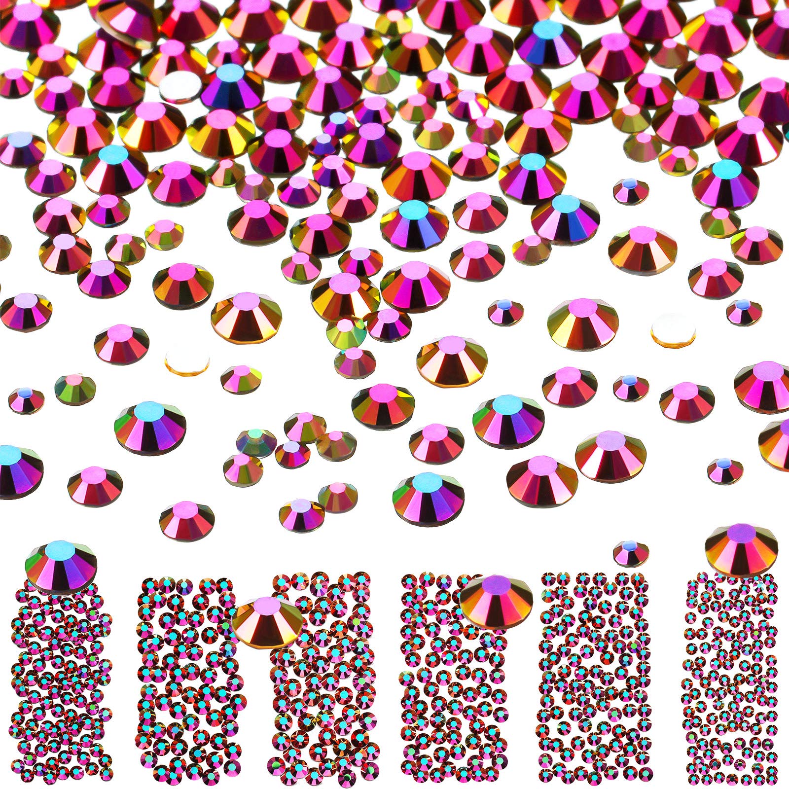 Bememo 3456 Pcs Crystals Diamond Rhinestones AB Clear Flat Back Round Gems Flatback Glass Crystals Mixed Size Crystals Gems for Crafts Clothes Shoes Makeup Bags Decor, 6 Sizes(Iridescent Rose Gold)