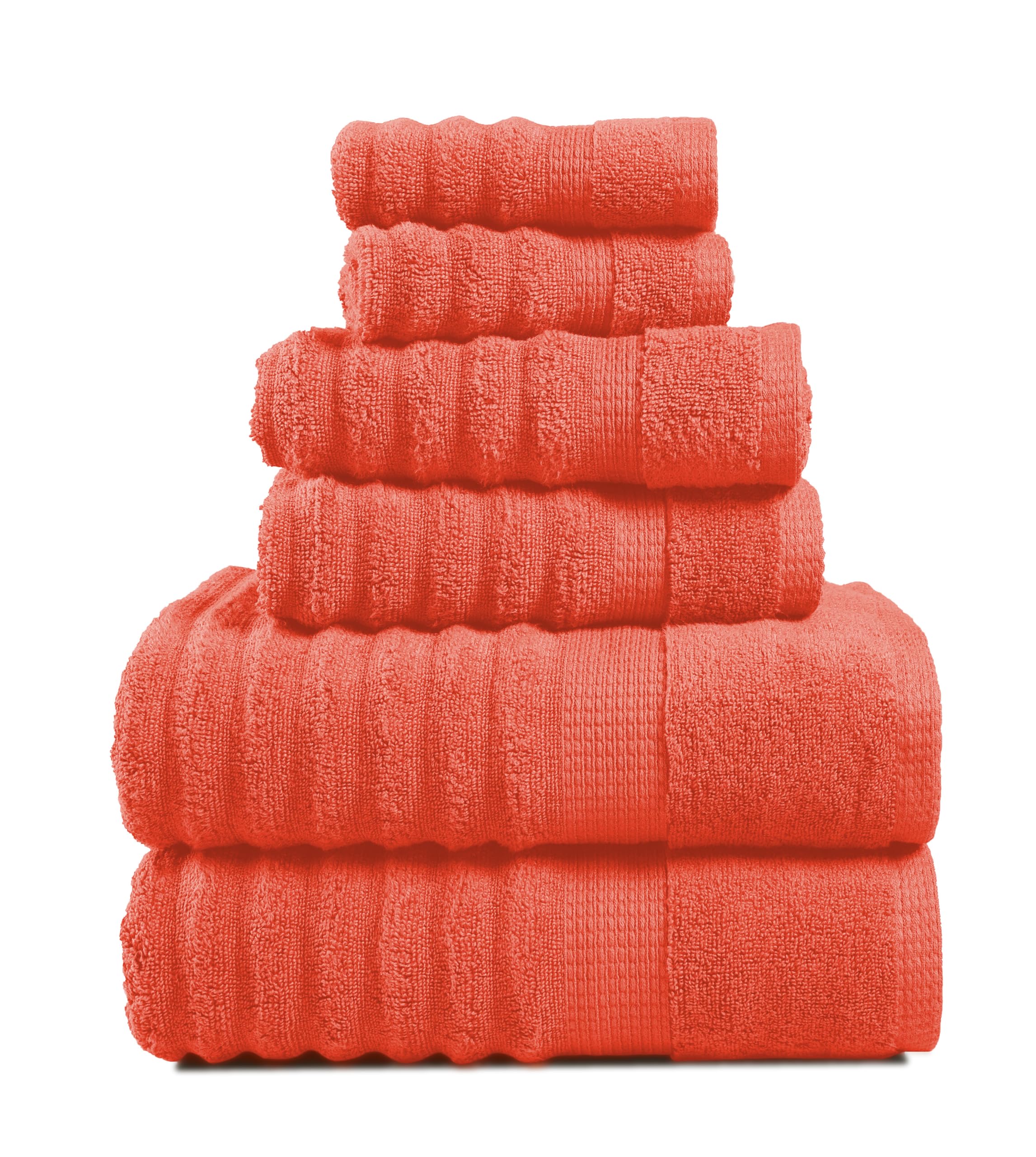 LANE LINEN Luxury Ribbed Bath Towels - 100% Cotton Towels for Bathroom, Zero Twist, Soft Shower Towels, Extra Absorbent, Quick Dry, 2 Bath Towels, 2 Hand Towels, 2 Wash Cloths - Rust (6 Piece Set)