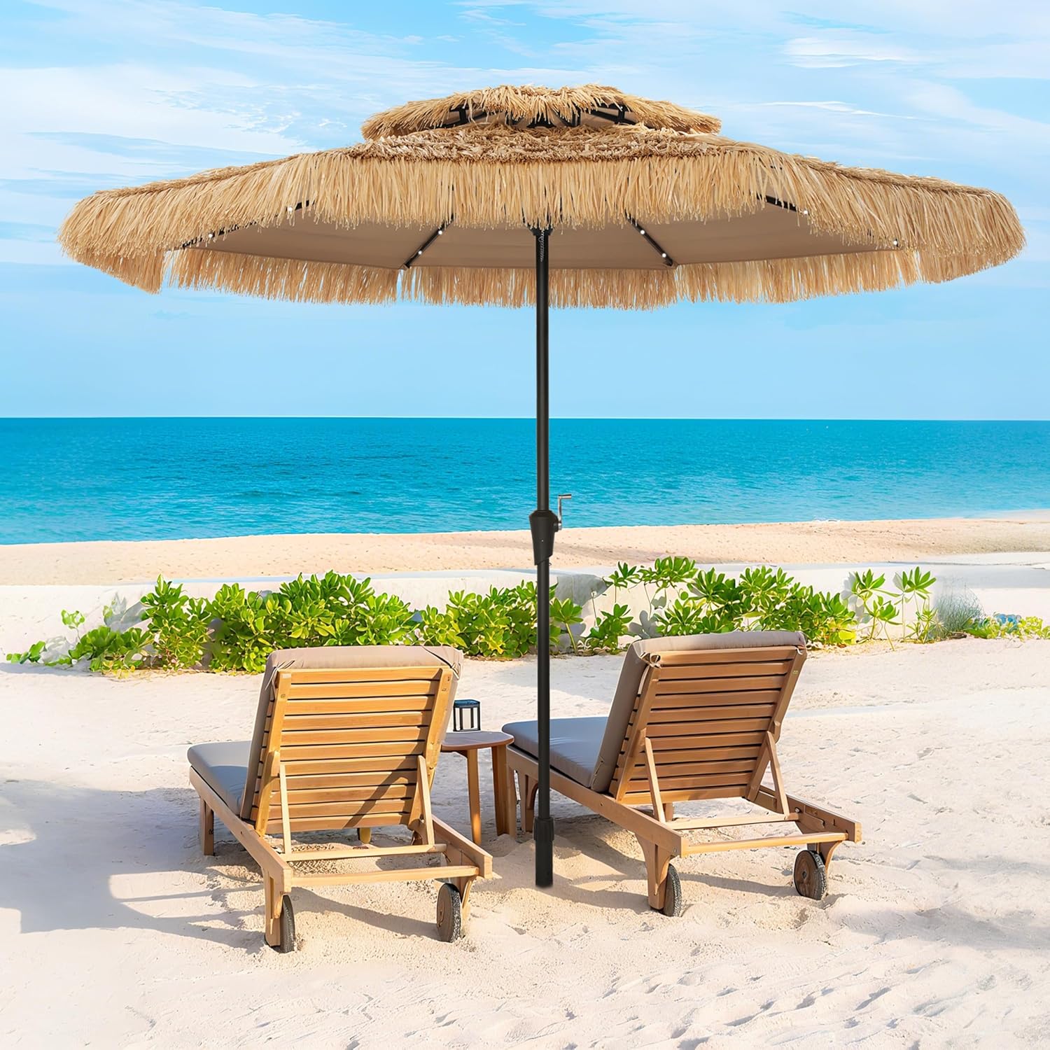 MONDAWE Thatched Tiki Umbrella Outdoor Patio, 2-Tier Hawaiian Style Beach Umbrella for Outdoor Tiki Bar, Pool, Tropical Palapa, Patio Garden, Beach, Backyard