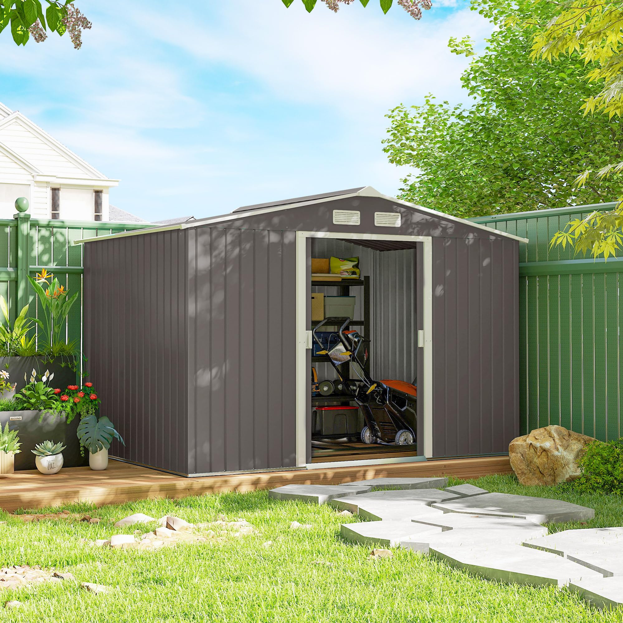 Outsunny Abri de Jardin en Acier galvanisé XXL 5,4 m² avec kit de Fondation 277 x 195 x 192 cm, cabane de Jardin cabanon Rangement Outils avec Portes coulissantes verrouillables et 4 aérations, Gris