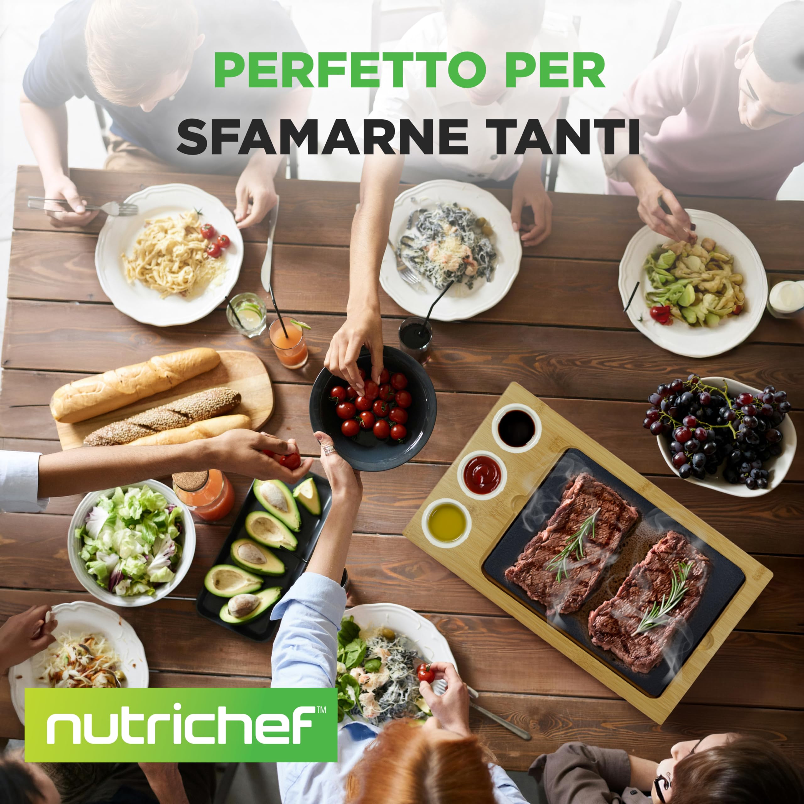 NutriChef Pietra Lavica per Carne, Barbecue da Tavolo con Pietra Granito, Vassoio Acciaio Inox, Piatto Bambù e Ciotole Ceramica, Griglia Carne, Verdura e Pesce