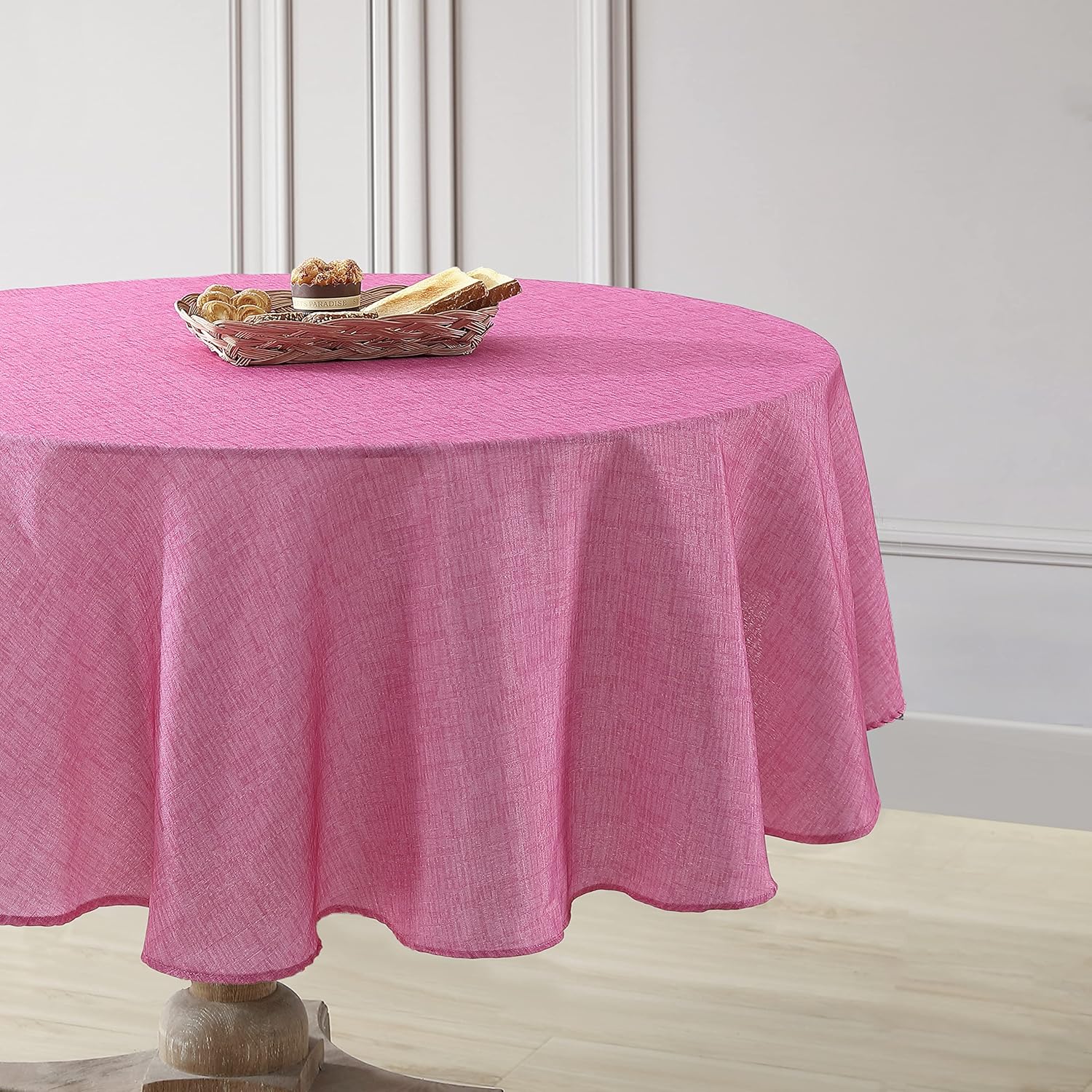 Laura Ashley Decorative Tablecloth, Wrinkle and Stain Resistant, Spillproof Water Repellent, Easy Care Washable Polyester Fabric for Dining, Kitchen, Holiday and Party, 70" Round, Magenta