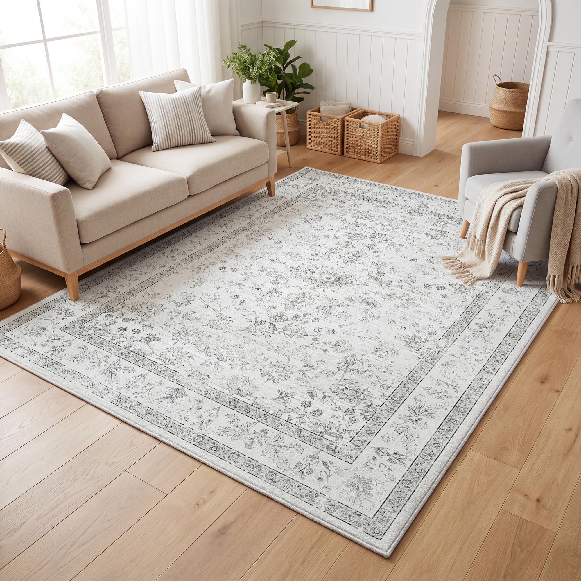 Cliporix Off-White 140 x 200cm Living Room Rug, Non-Slip Backing, Machine Washable, Short Low Pile, Vintage Boho Style, Suitable for Medium Living Room, Bedroom, Dining Room, Home Office