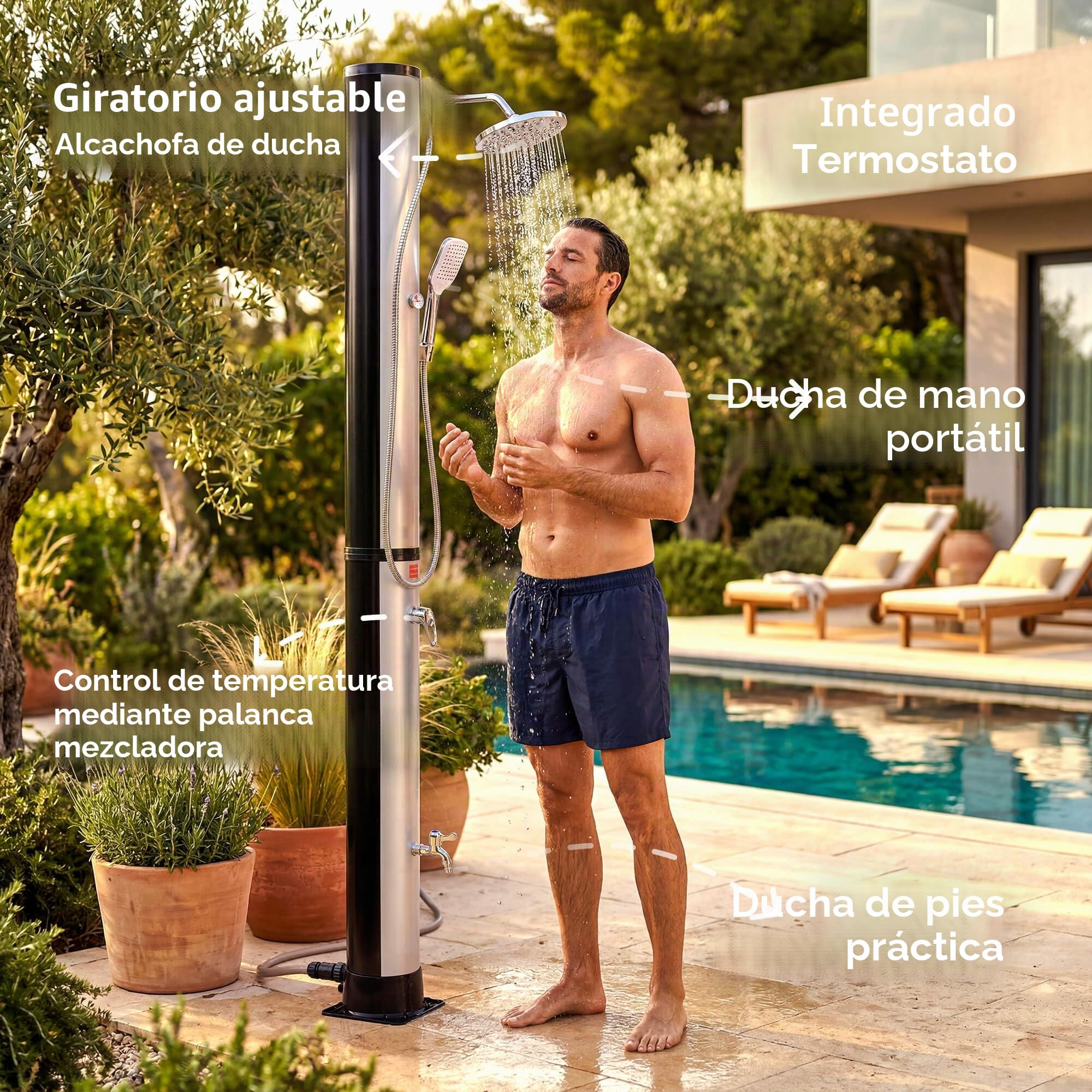 Arebos Ducha Solar de 40 L, con termómetro Integrado, Ducha de Mano, Cabezal de Ducha Giratorio, con Ducha de pies y conexión de Manguera de jardín, Incluye Material de Montaje y Cubierta