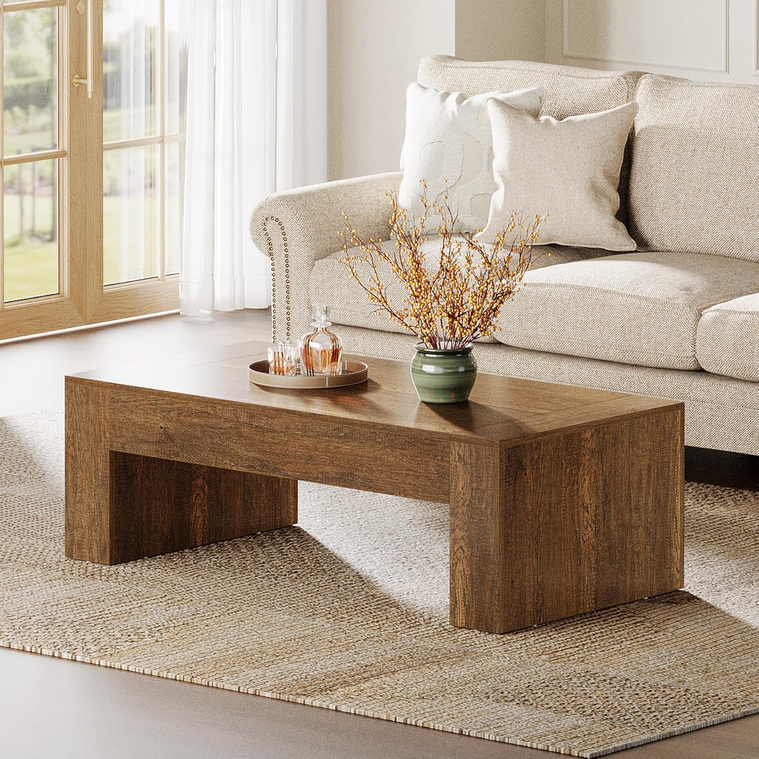 Tribesigns Rectangular Coffee Table for Living Room, 51-Inch Farmhouse Accent Center Cocktail Tea Table with Sturdy Base, Vintage Tea Furniture for Home Reception, Brown