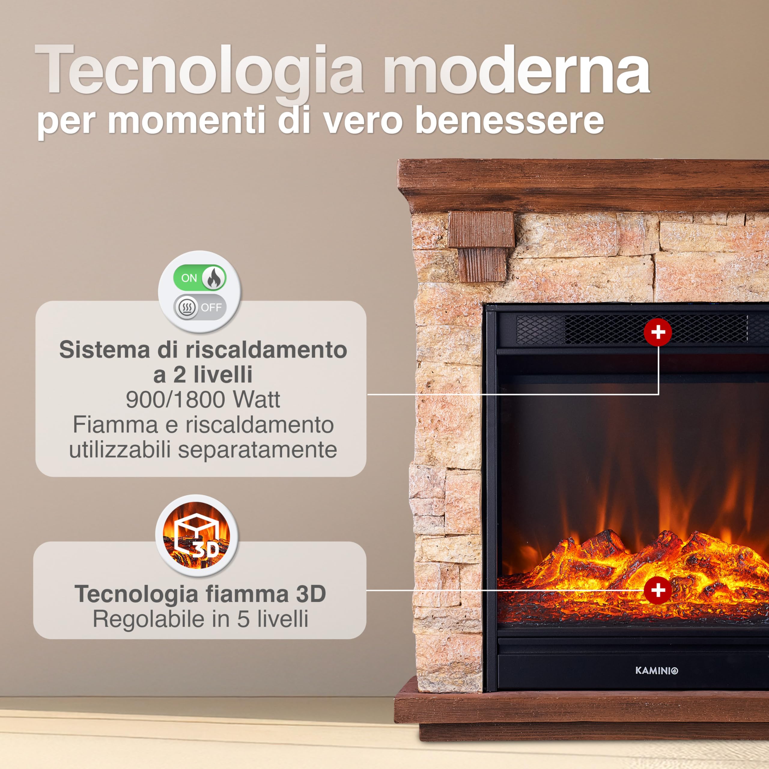 KAMINIO Camino elettrico Juan - Caminetto elettrico a pavimento in effetto pietra con riscaldamento, effetto fiamma 3D, telecomando (Beige)