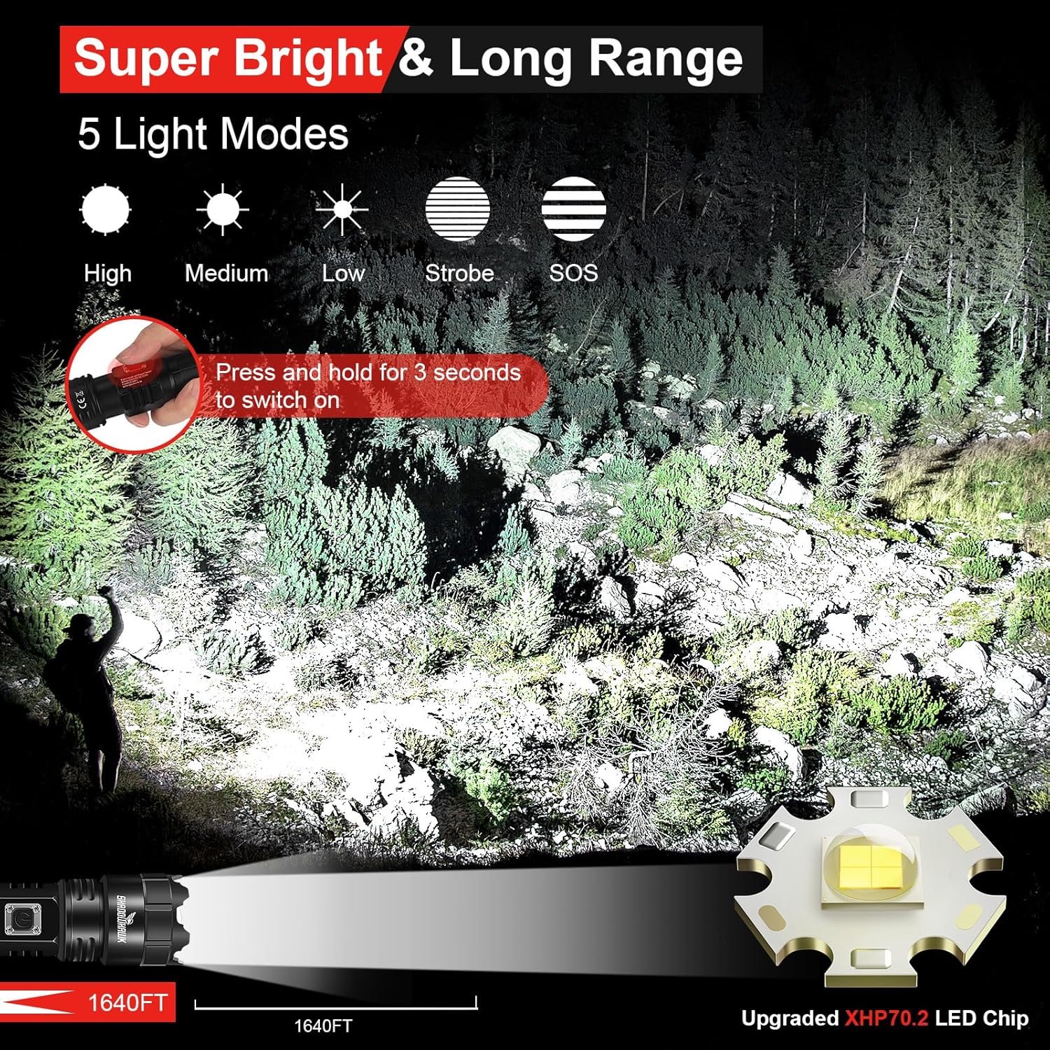 Shadowhawk S9322 flashlight demonstrating 5 light modes: High, Medium, Low, Strobe, and SOS. A person is shown using the flashlight to illuminate a wide area at night, highlighting its super bright and long-range capabilities.