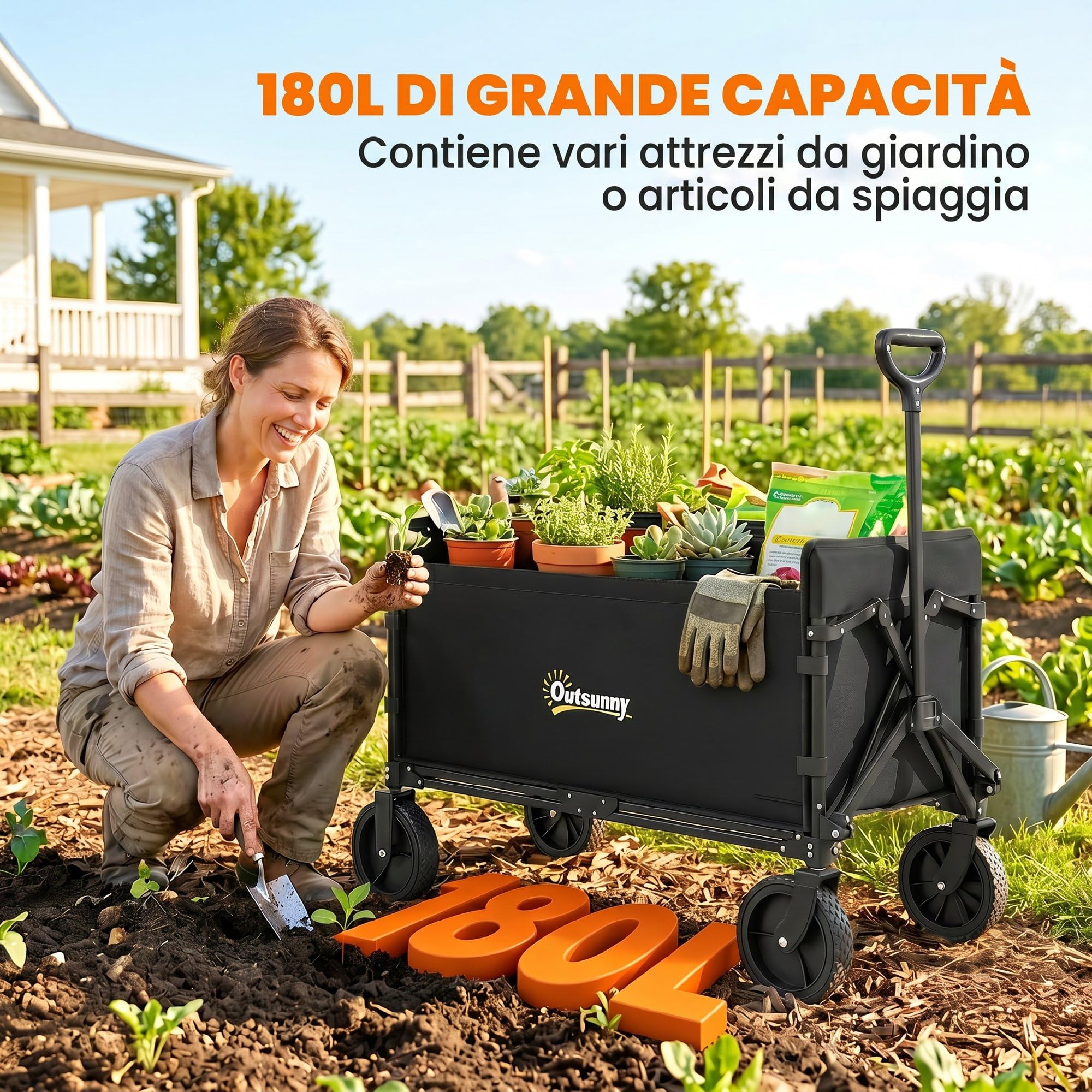 Outsunny Carrello da Giardino da 180L con 4 Ruote Girevoli, Carrello Spiaggia Pieghevole in Acciaio e Tessuto Oxford con Sacca Portaoggetti e Maniglia Girevole e Regolabile, 90x48x62 cm, Nero