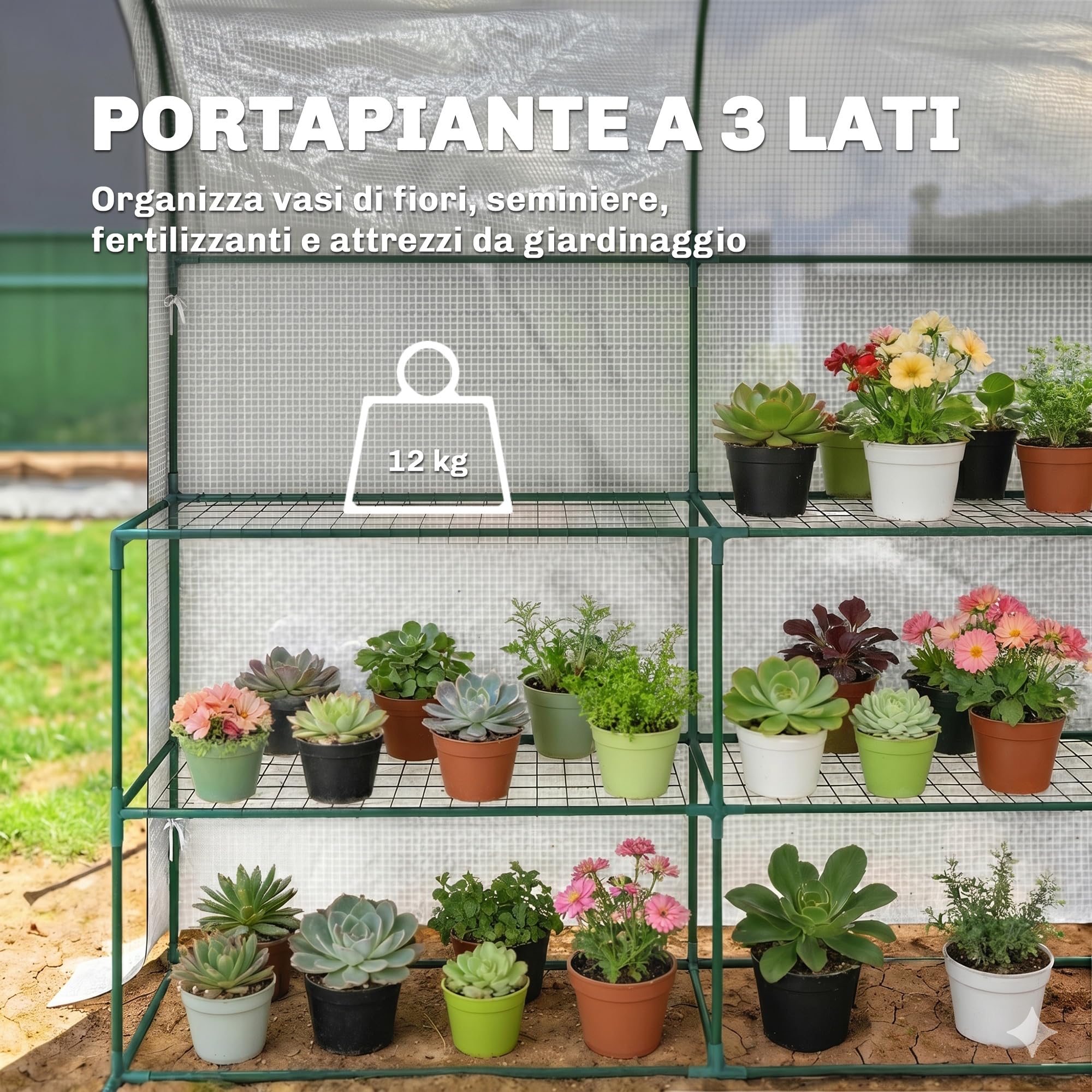 Outsunny Serra da Giardino con Scaffali a 2 Livelli e Porta Avvolgibile, Serra per Orto con Struttura in Acciaio, Copertura in PE Anti-UV, per Orto Verdure Fiori Piante, 123x187x189 cm, Bianco