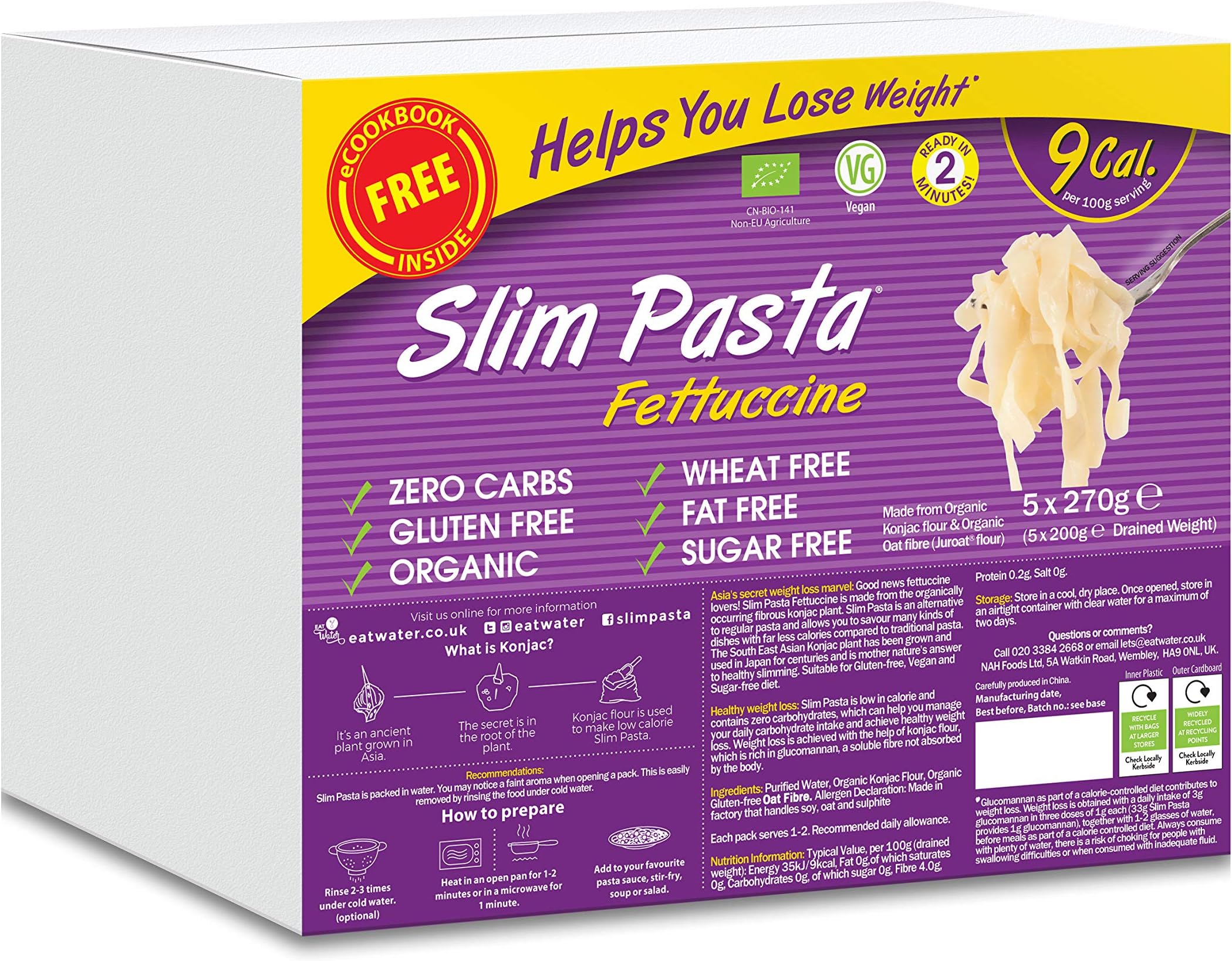 Eat Water Slim Pasta Fettuccine Zero Carbohydrate Enviro Pack of 5 * 270 Grams | Made from Organic Konjac Flour | Keto Paleo Diet and Vegan | Zero Sugar, Low Calorie Food