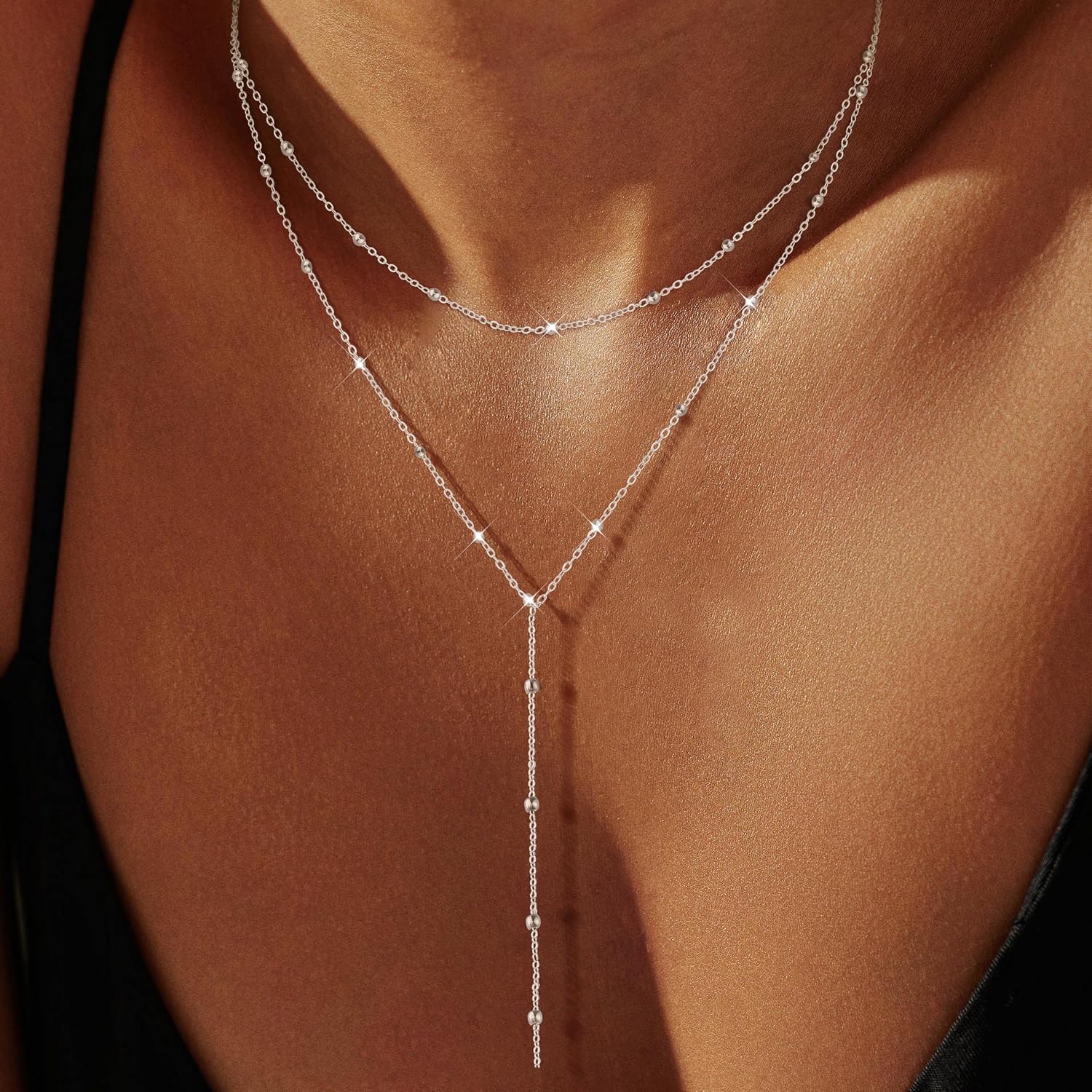 Pancert Gold Necklace for Women, Dainty Long Necklace 14k Gold Plated/Silver Y-Shaped Pendant Necklace Trendy Layered Cz Beaded Chain Lip chain Drop Necklaces for Women Gift Jewelry