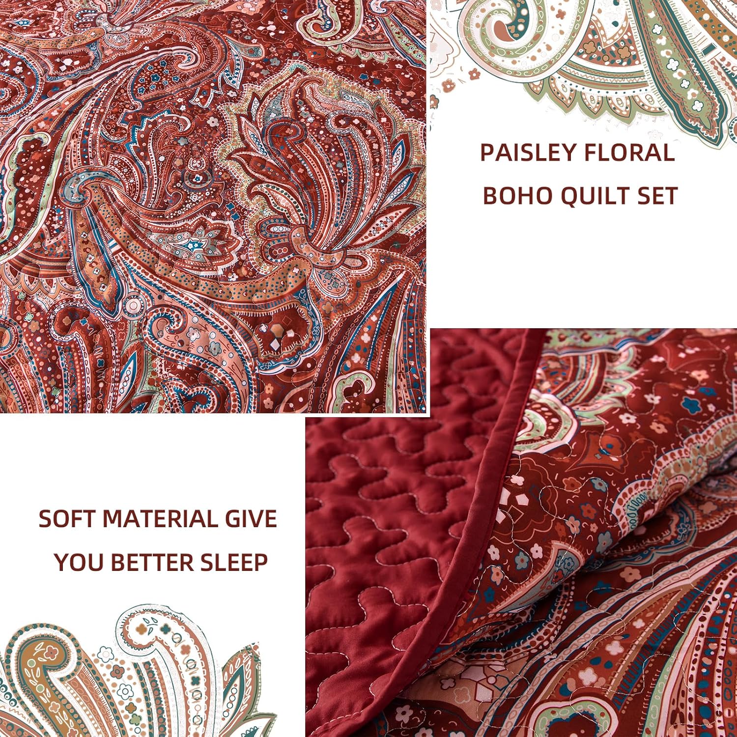 DJY Red Paisley Quilt Set Twin Size Boho Quilt Bedspread Set 2 Pieces, Soft Lightweight Microfiber Coverlet Set Paisley Floral Pattern Bedding for All Season, 68''x86'' - Image 4