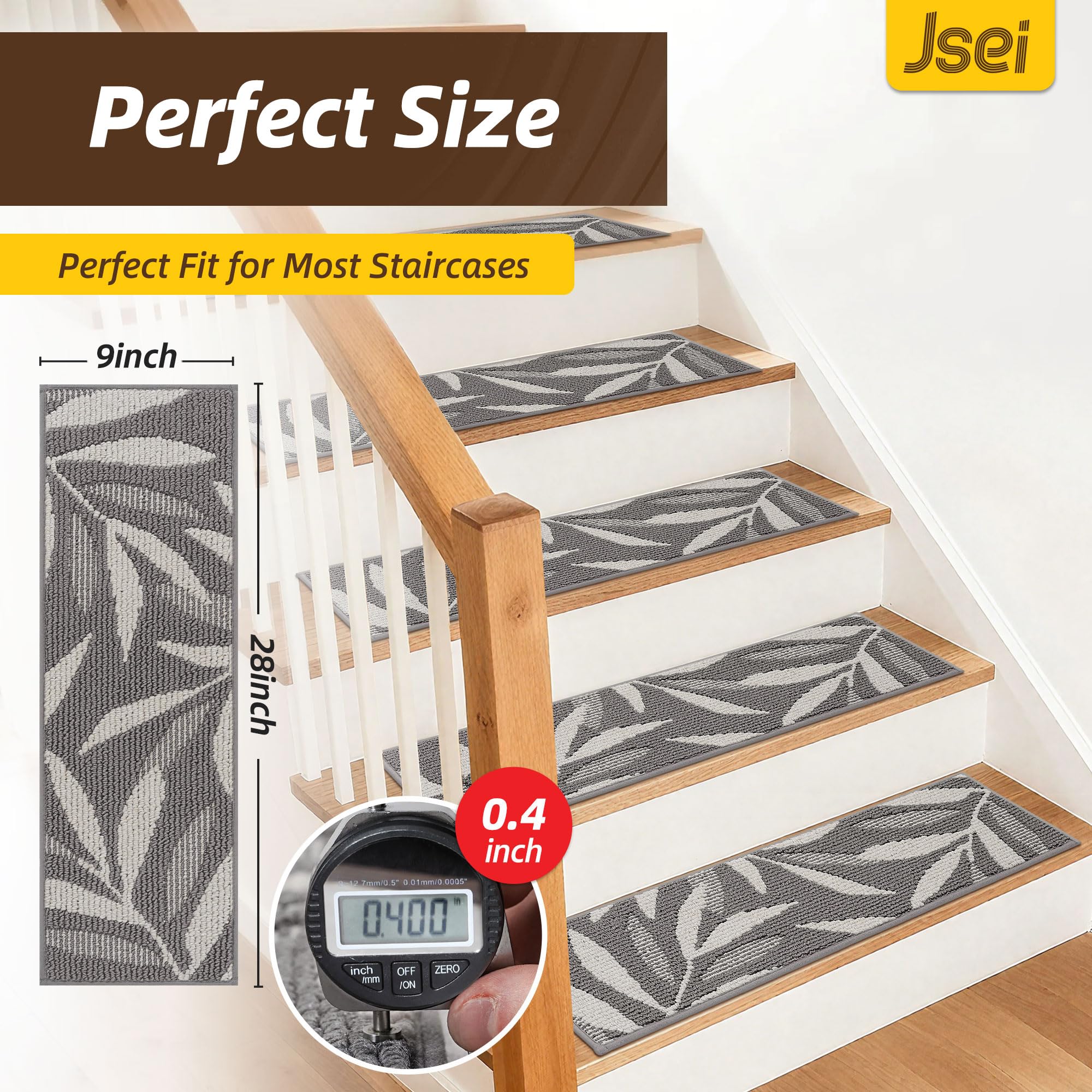 JSEI tappeti per Scale Antiscivolo con Motivo a Foglie, 4 Pezzi, 22 x 71 cm, Lavabili e autoadesivi, Grigio