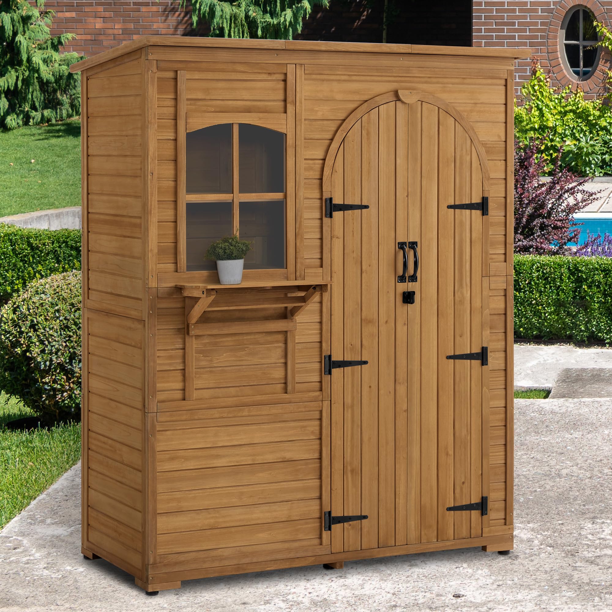 M MCombo Armario de jardín de madera, resistente a la intemperie, para jardín, exterior, impermeable, transitable, para exteriores, balcón, terraza, armario de almacenamiento con 3 estantes, 73 x 144