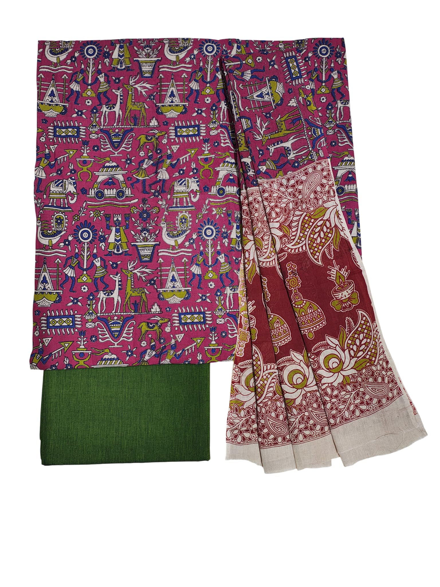Unstitched Cotton Hand Block Print Salwar Suit Set with Cotton Dupatta for Women | Kalamkari Dress Material-image-0