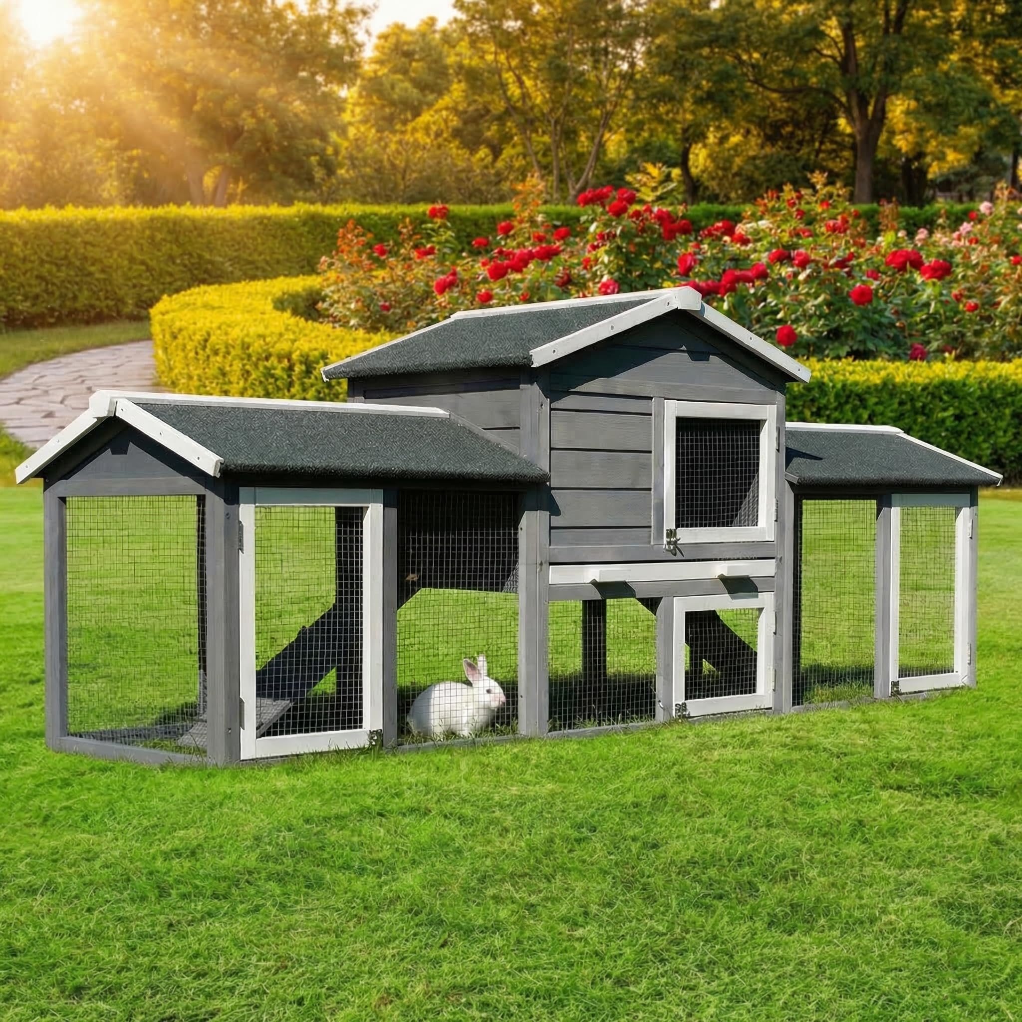 Miweba MyAnimal Hasenstall MH-03 | 226x53x85 cm - Kaninchenstall XXL mit Freilaufgehege - Hasenkäfig - Kleintierkäfig - Holz imprägniert - Kaninchenkäfig Winterfest - Käfig - Hasenhaus (Grau/Weiß)