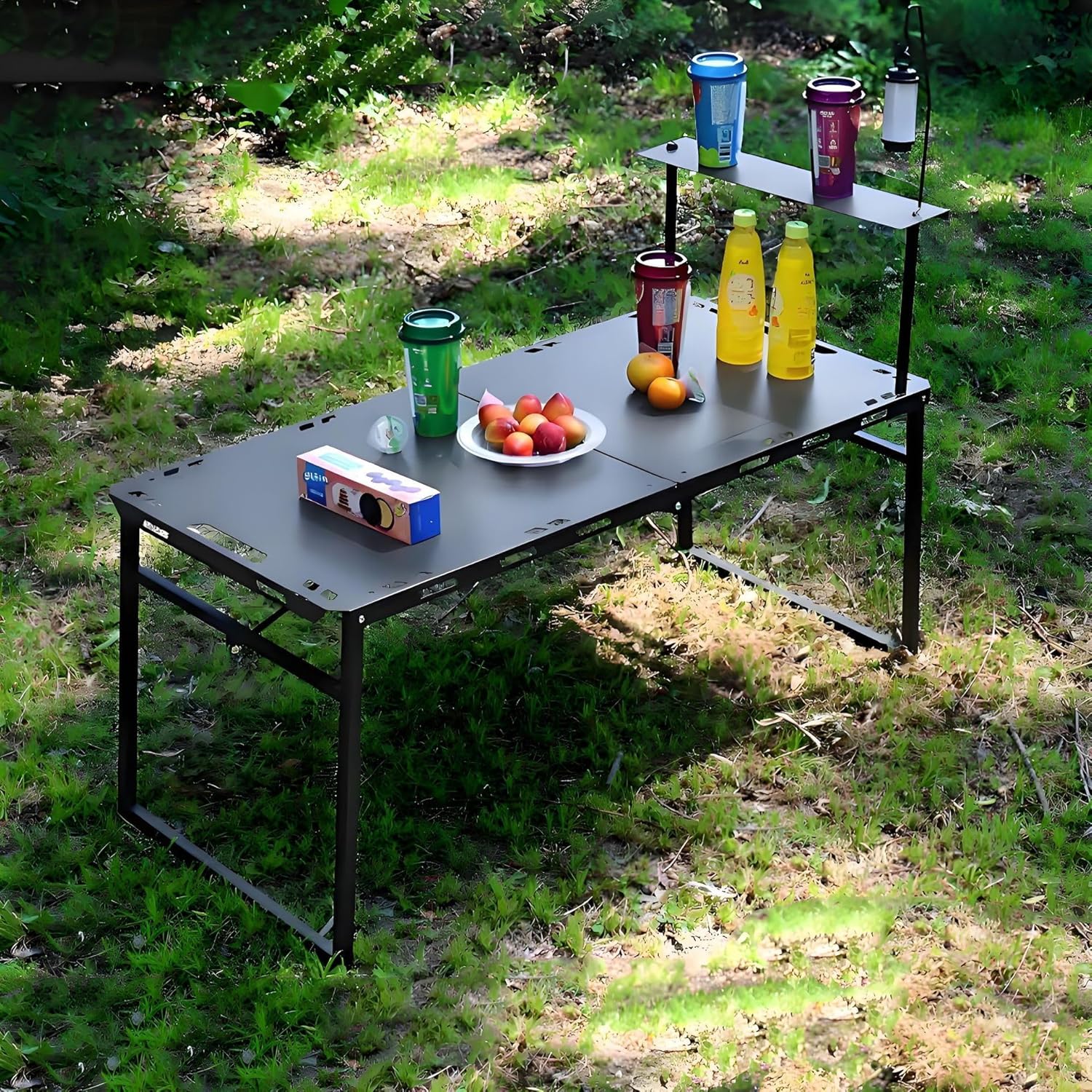 HALAYAYA Portable Camping Table, Folding Camp Table with Carry Bag, Camping Lantern Stand, BBQ Grill Top for Picnic, Cooking, Camping, Beach (lantern stand+storage rack)