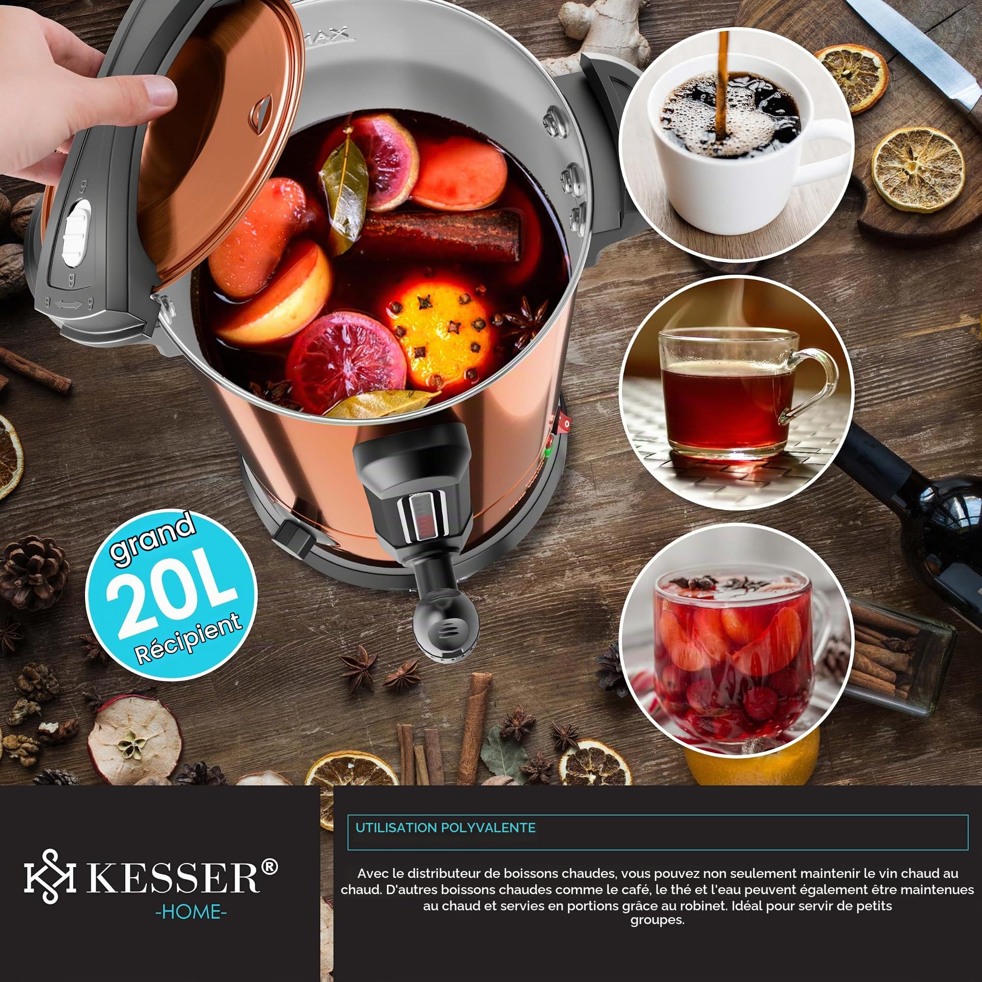 KESSER Bouilloire à vin chaud 6,8/10/20/30 l en acier inoxydable avec gobelet, bouilloire à vin chaud avec thermostat, distributeur d'eau chaude, indicateur de niveau de remplissage, robinet