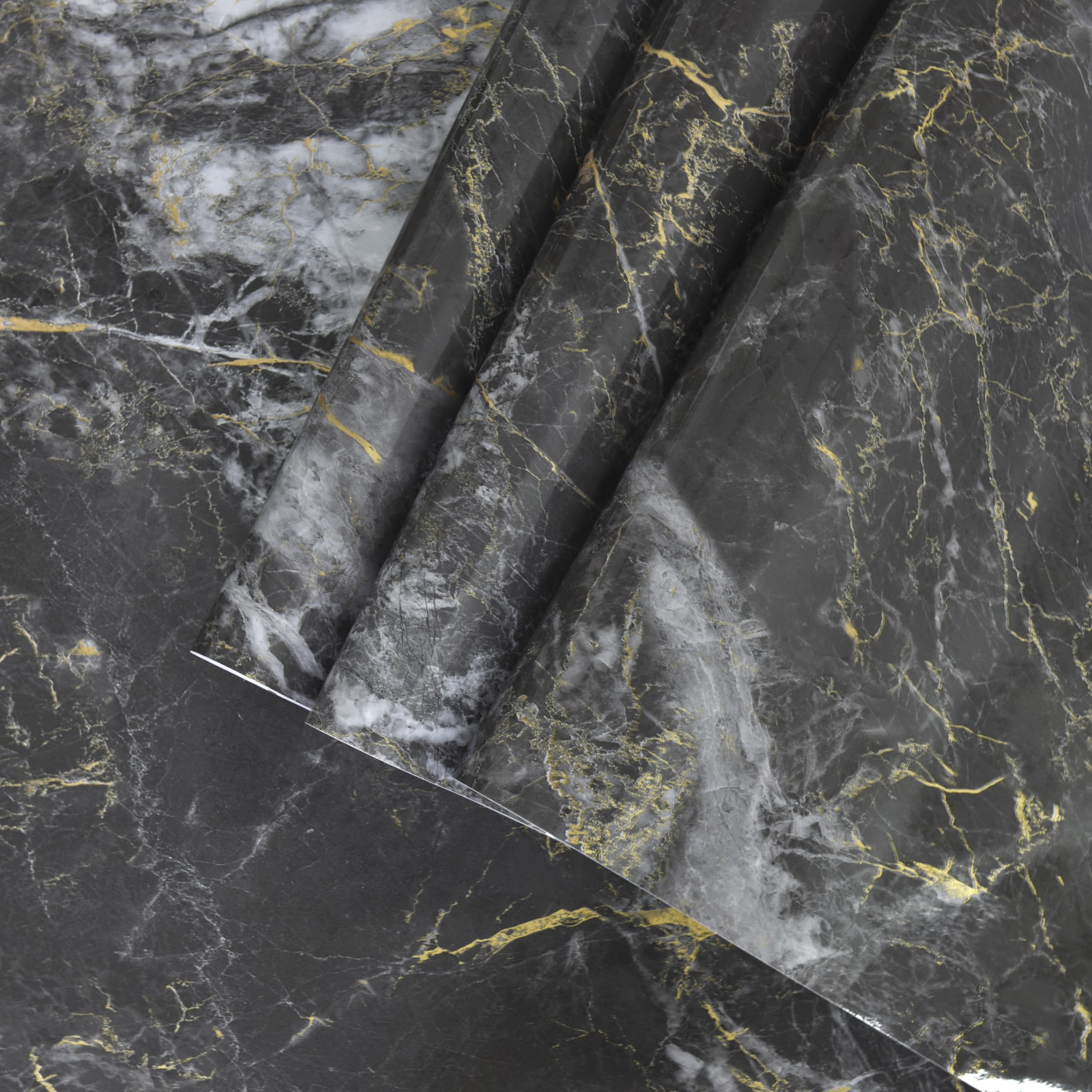 TOTIO 80x400CM Marmor Klebefolie Selbstklebend Hochglanz Schwarz Gold Glänzend für Küche Arbeitsplatte Möbel Wohnzimmer Tapete Schrankfolie Möbelfolie Schwarz Gold Marmor Folie Küche