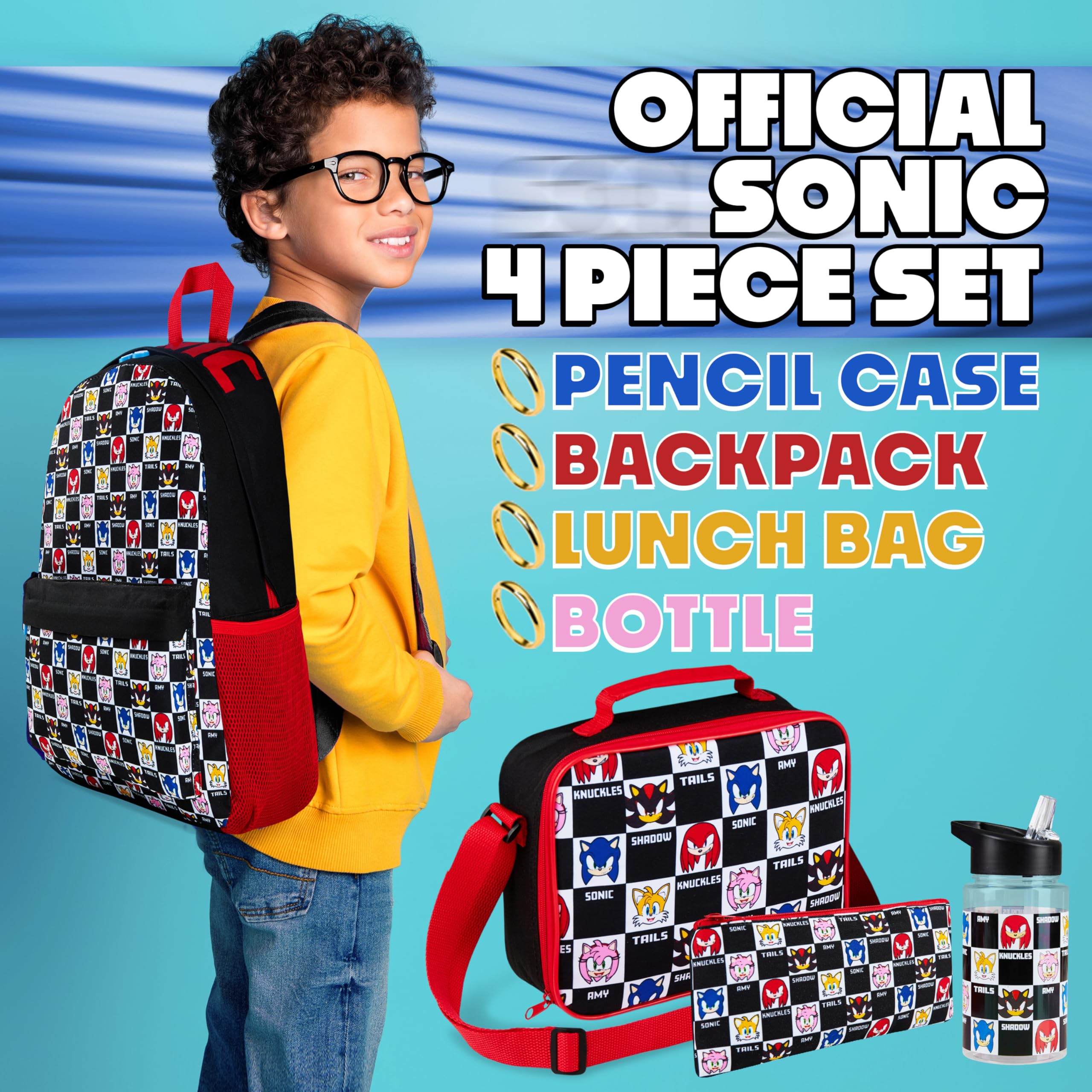 SONIC THE HEDGEHOG Sac à Dos Enfant Ensemble 4 Pièces avec Gourde Enfant 400ml Trousse et Sac Repas Isotherme École Shadow
