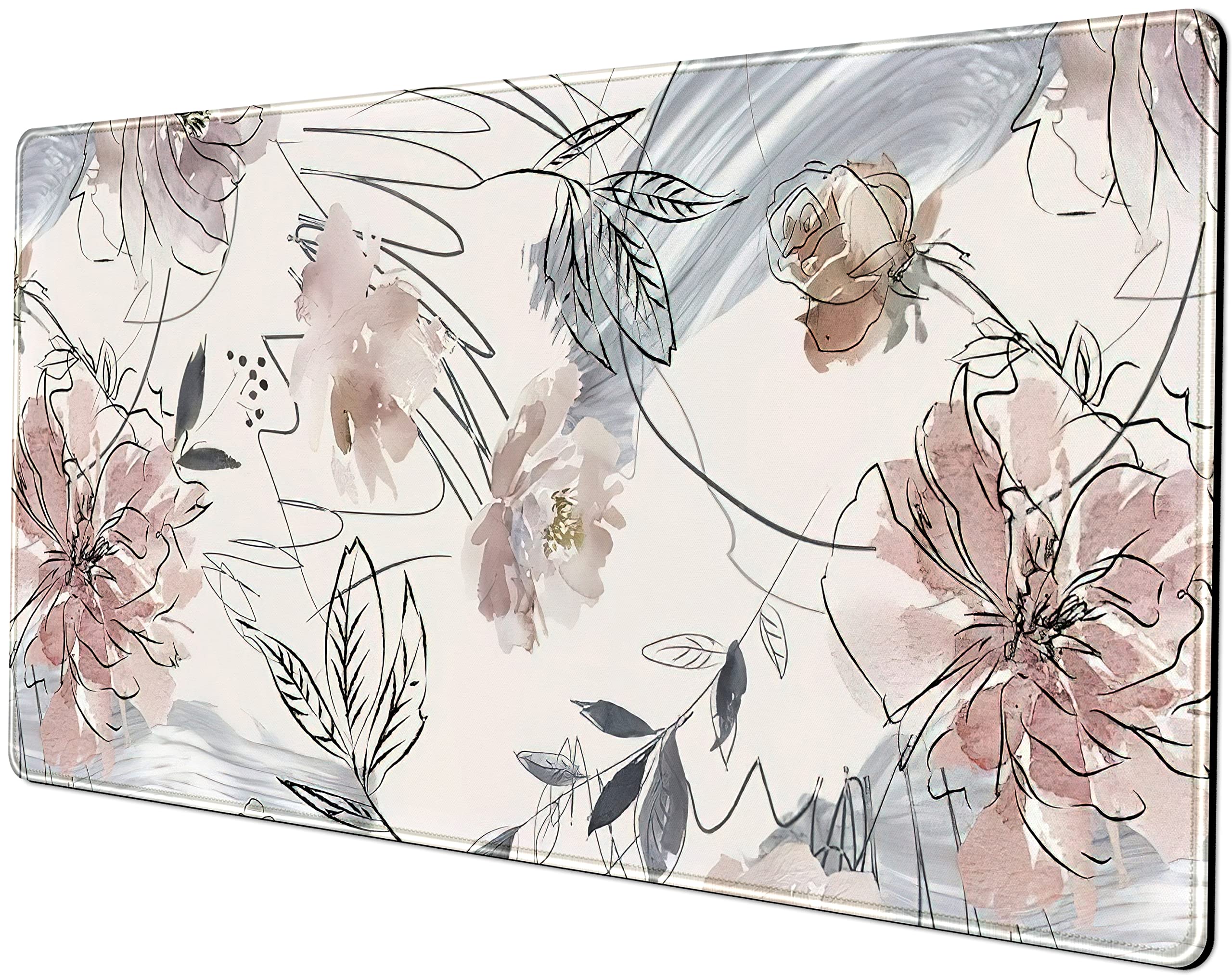 Desk Mat, Abstraction Hand Painted Flowers Extended Gaming Mouse Pad (31.5x15.75 in), Cute Large Non-Slip Rubber Base Mousepad with Stitched Edges, Keyboard Mouse Mat Desk Pad for Game Office