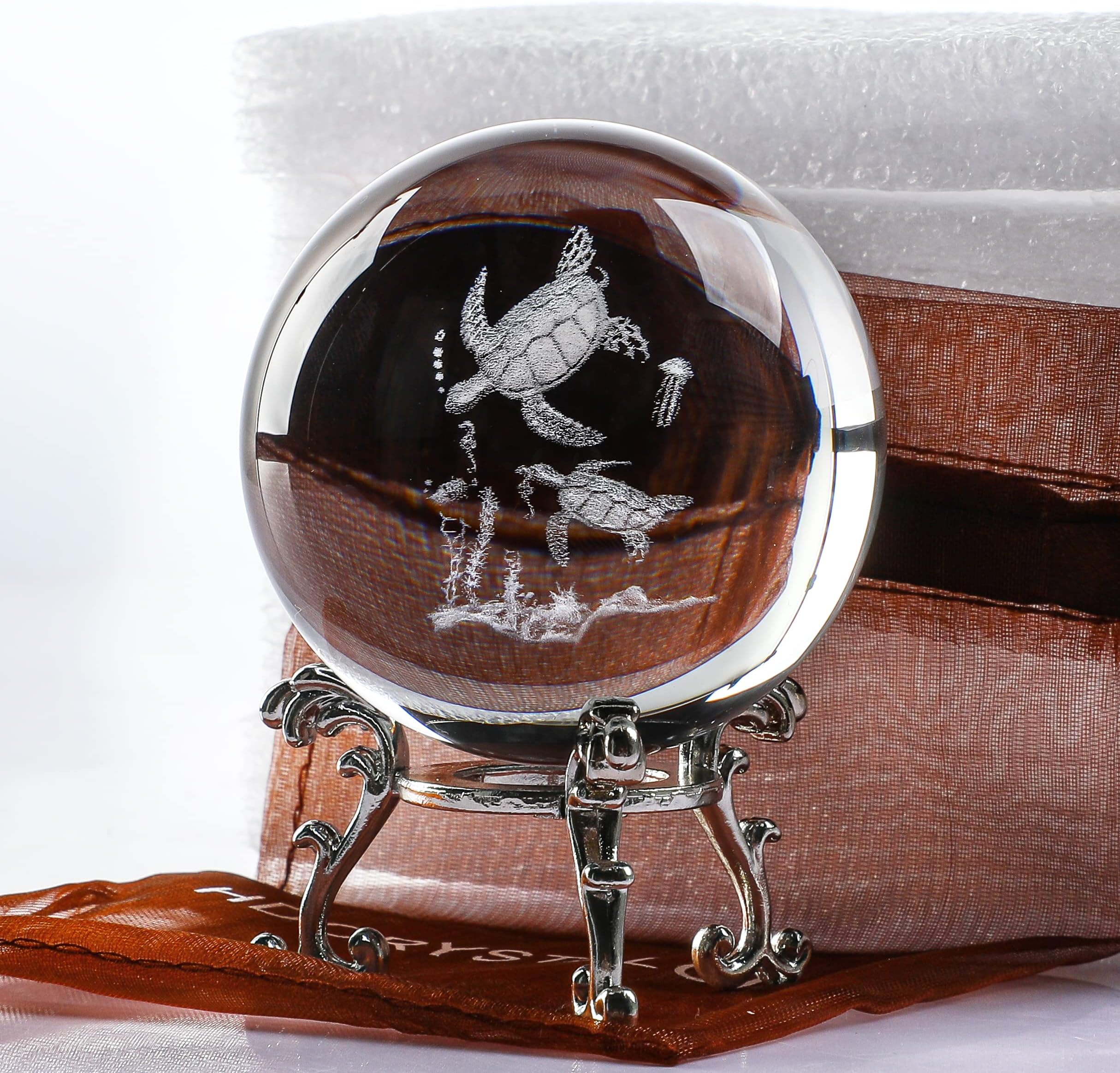 ZEERSHEE 3D Crystal Ball with Stand Laser Engraved Sea Turtle Figurine Glass Paperweights Home Wedding Decoration