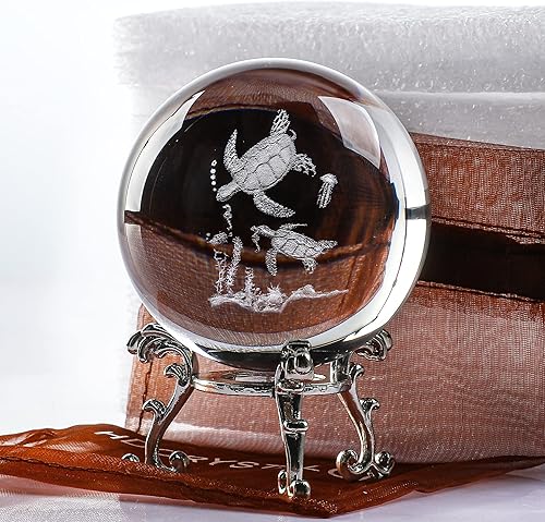 2.362 in 3D Laser Sea Turtle Ball Paperweight Bola de cristal de 2.3 pulgadas con soporte Decoración de mesa para el hogar