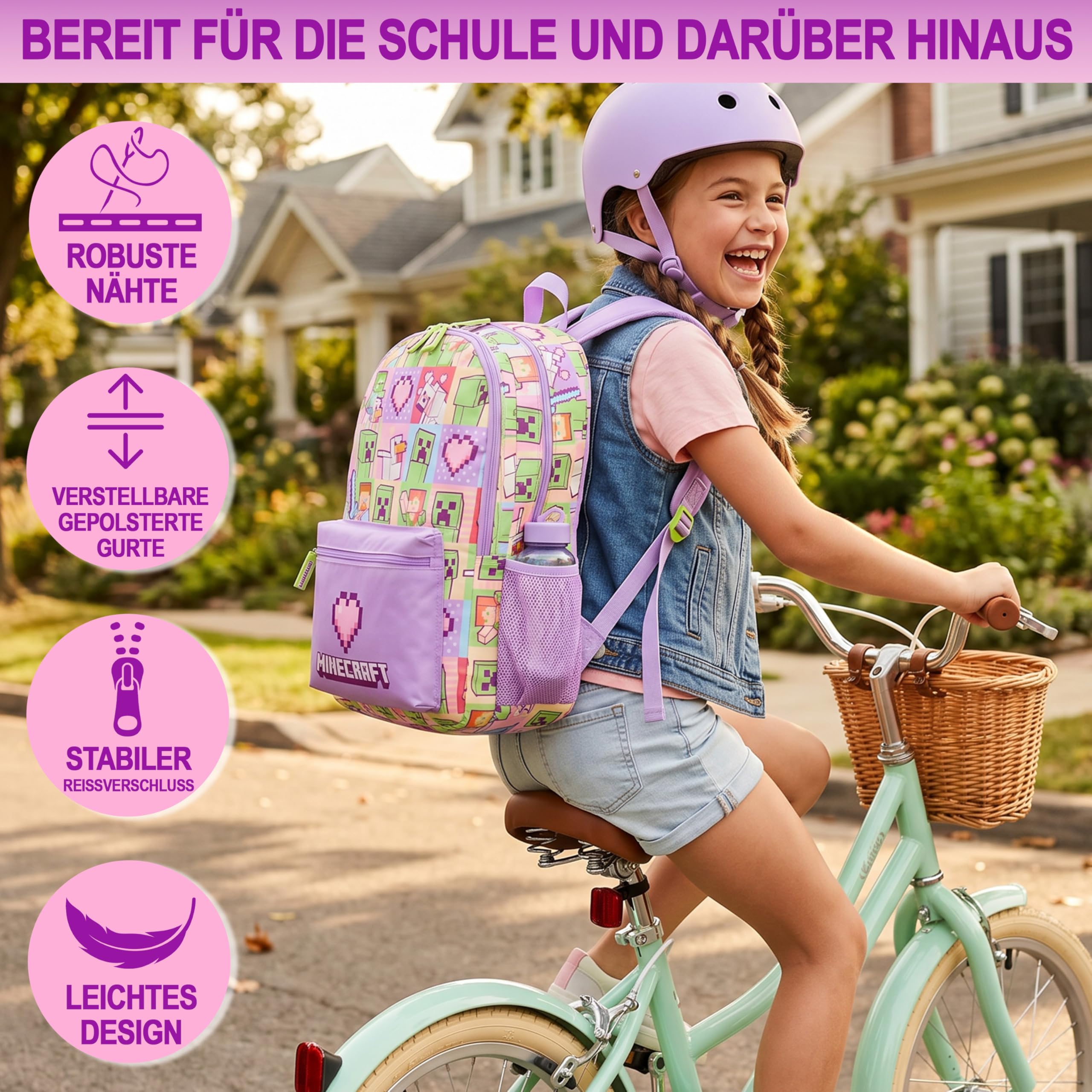 Get Trend Minecraft Grande Zainetto Bambina, 46 cm Borsa Zaino Scuola Multi-Scomparto e Spallacci Regolabili per Scuola e Gite, Idea Regalo (Multi Minecraft)