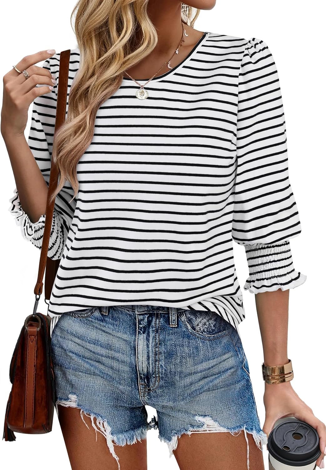 LilyCoco Striped Shirt Women 3/4 Sleeve Boat Neck Casual Tunics Loose Fit T Shirt - Image 4
