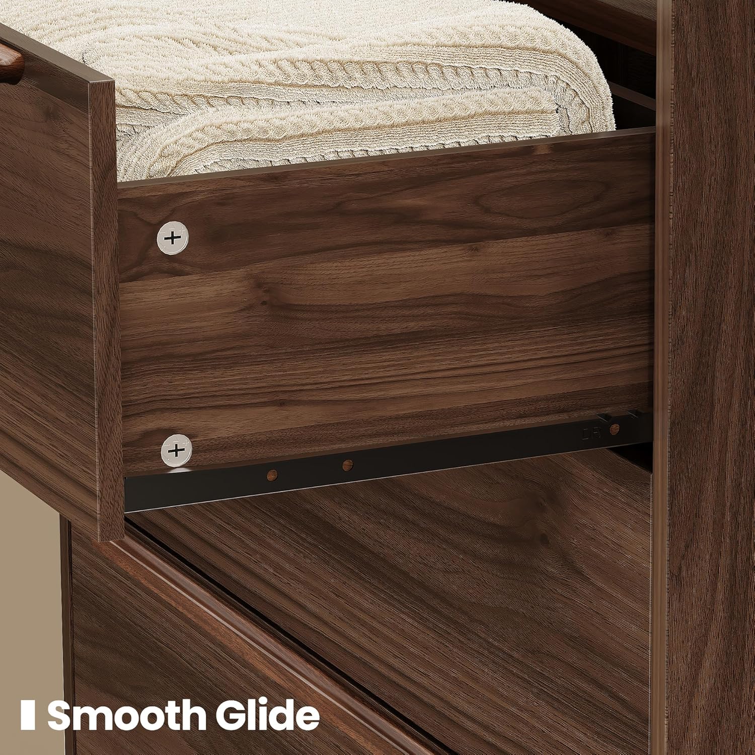 32" Wide Walnut 5 Drawer Dresser, 48" Tall Mid-Century Modern Chest of Drawers for Bedroom, Slim Vertical Wood Grain Storage Cabinet with Raised Edge & Anti-Tip Kit - Image 7