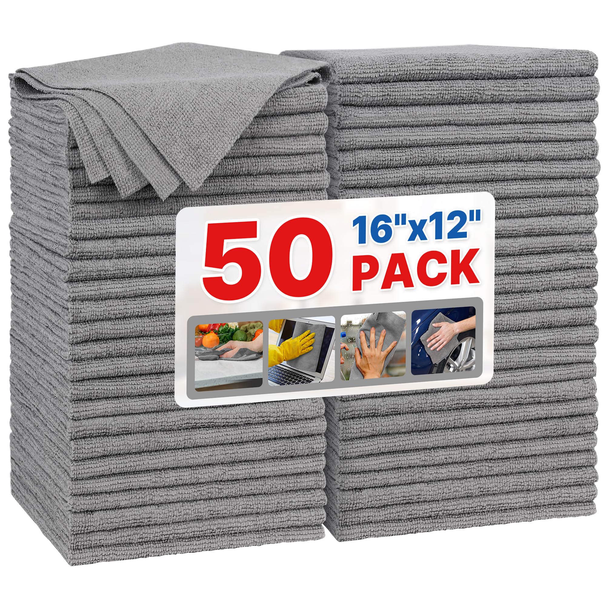 Fixsmith Grey Microfibre Cleaning Cloth -Pack Of 50, 16"X12" Cleaning Rags For Housekeeping And Kitchen, Reusable Shop Towels For Car, Lint Free, Scratch-Free, Highly Absorbent Microfibre Towels