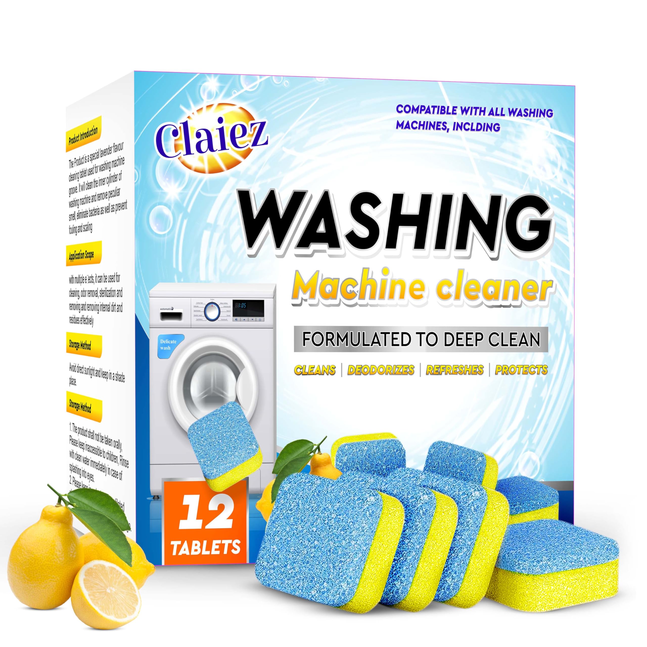 Claiez Washing Machine Cleaner Tablet Descaling Powder Tablets, washing machine deep cleaner, Deep Cleaner Tablet All Company’s Front And Top Load Machine (12 pcs) (Lemon Yellow)