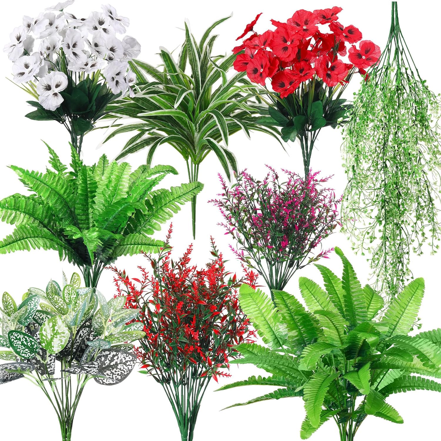 Daifunli 24 Pcs Artificial Flowers for Outdoor Fake Plants Flowers Greenery UV Resistant Faux Plant Stems Shrubs Hanging Porch Patio Garden Window Box Home Wedding Summer Spring Decor(Green Red)