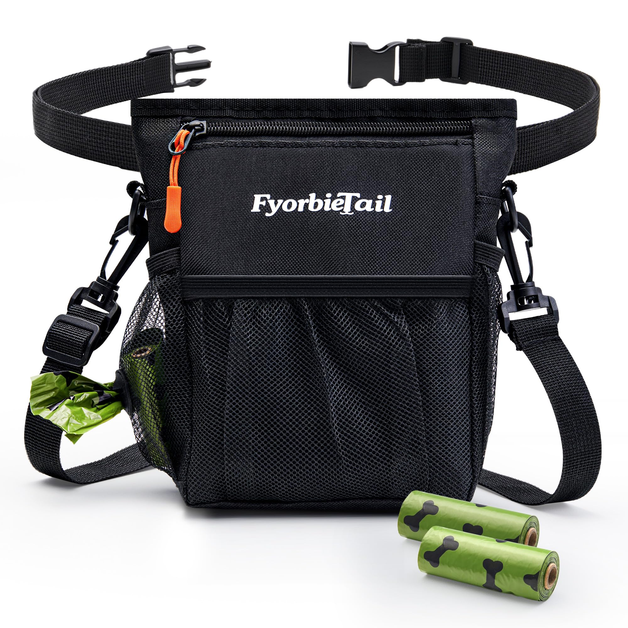 Fyorbietail Dog Treat Pouch, 4 Cup Waterproof Dog Training Bag, Hands-Free 3 Ways to Wear, Magnetic Closure, Multi-Pocket, with 2 Rolls Poop Bags (Black)