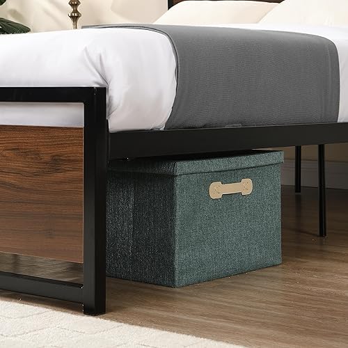 Miniatura 5 de Base de cama de metal de tamaño matrimonial con cabecera y estribo de madera, base de cama de plataforma resistente con almacenamiento, base de