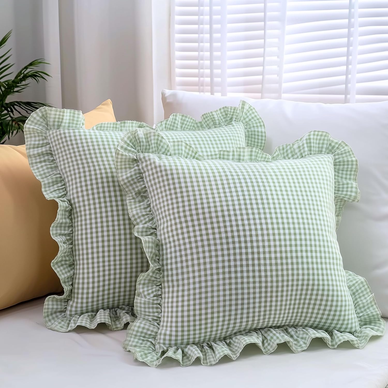 Cushion Covers – Pack of 3 |16×16 Inches | Sage Green Checkered Design with Frill Borders & Envelope Closure | Decorative Cushion Cases for Sofa, Couch, Bedroom & Living Room Cushion Covers – Pack of 3 |16×16 Inches | Sage Green Checkered Design with Frill Borders & Envelope Closure | Decorative Cushion Cases for Sofa, Couch, Bedroom & Living Room