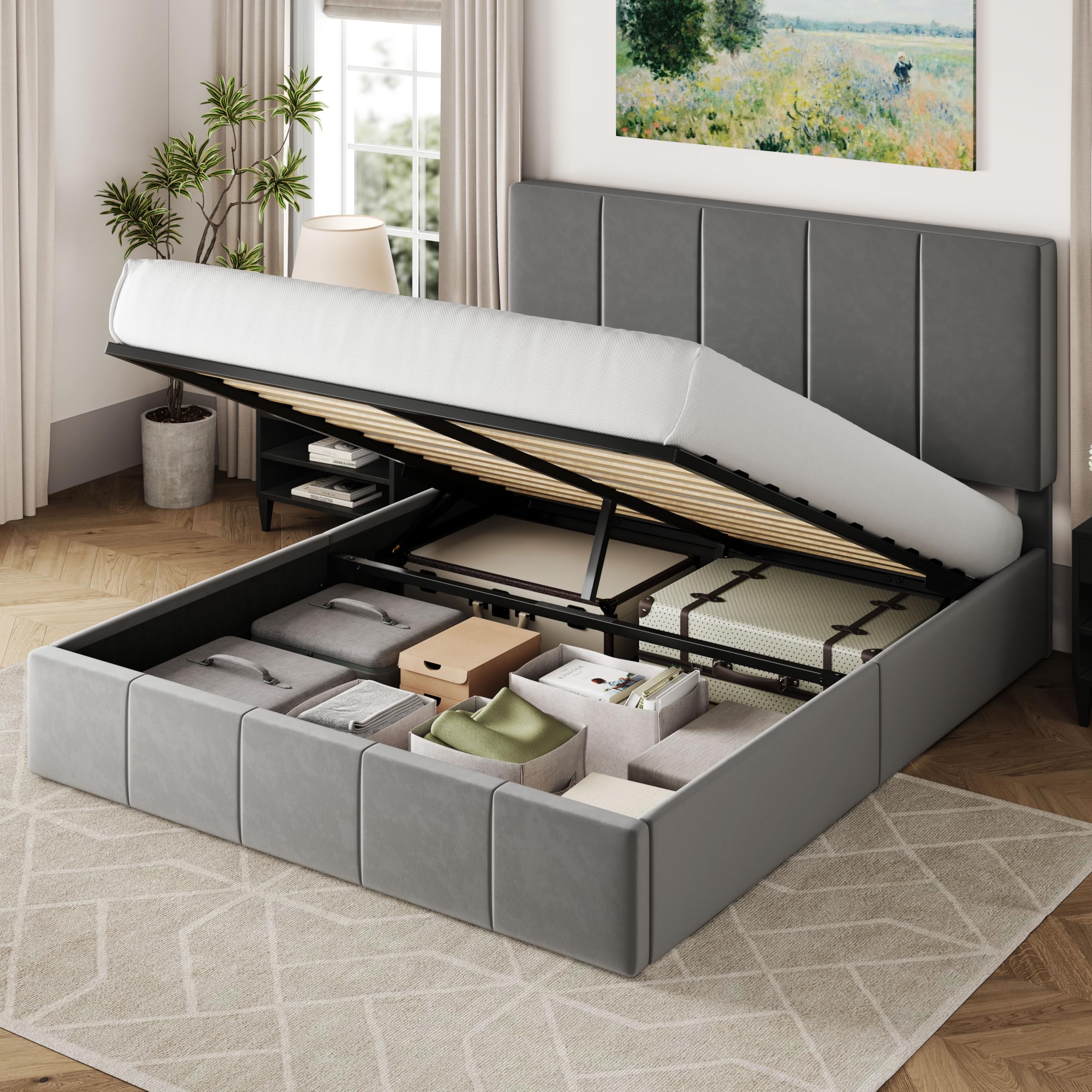Allewie Queen Size Velvet Lift Up Storage Bed Frame, Vertical Channel Tufted Headboard, Hydrualic Underneath Storage, Upholstered Platform Bed, Wooden Slats Support, No Box Spring Needed, Gray