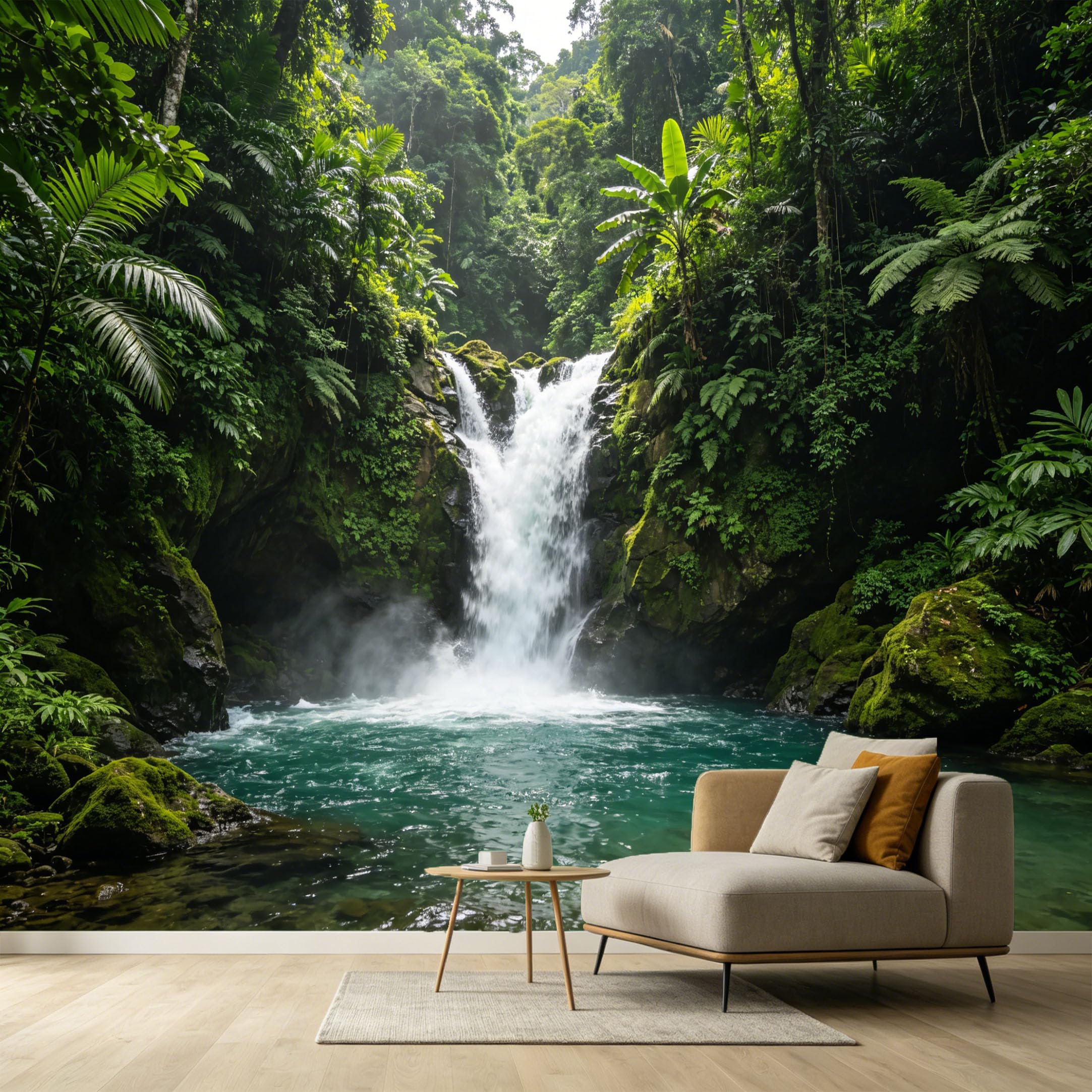 Custom Size Wall Murals Tropical Rainforest Waterfall Landscape Palm Fern Leaves SelfAdhesive Wall Fabric Removable Large Wallpaper for Photo Living Room