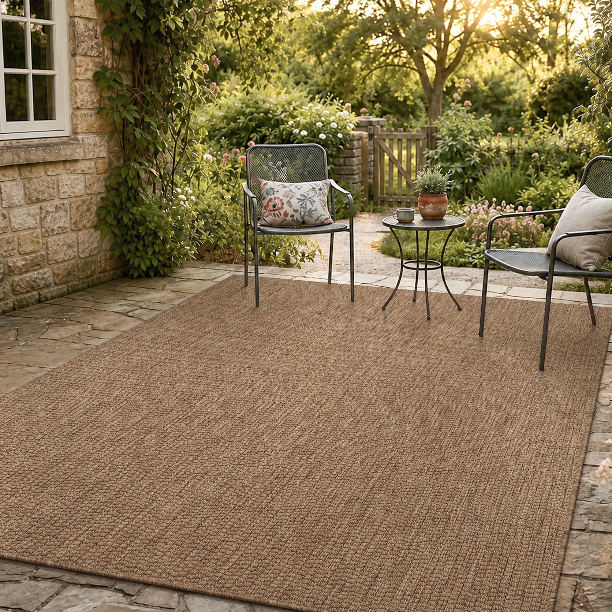 PADOOR-Outdoor Rug-Patio Rug 5x7 ft Polypropylene Indoor Outdoor Rugs Outdoor Carpet for Patio Deck Balcony Porch, Textured Weave, Durable for High Traffic, Fade-Resistant, Modern Neutral Brown