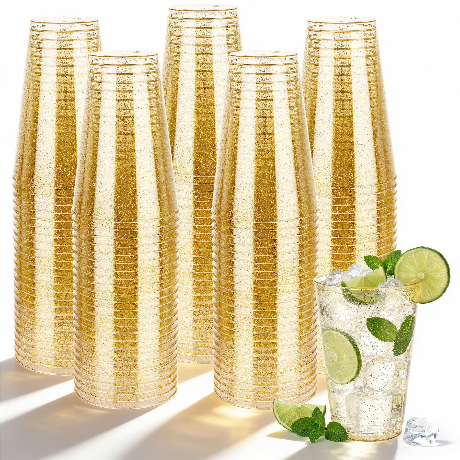 100 Pack 14 oz Gold Glitter Plastic Cups, Disposable Gold Cups