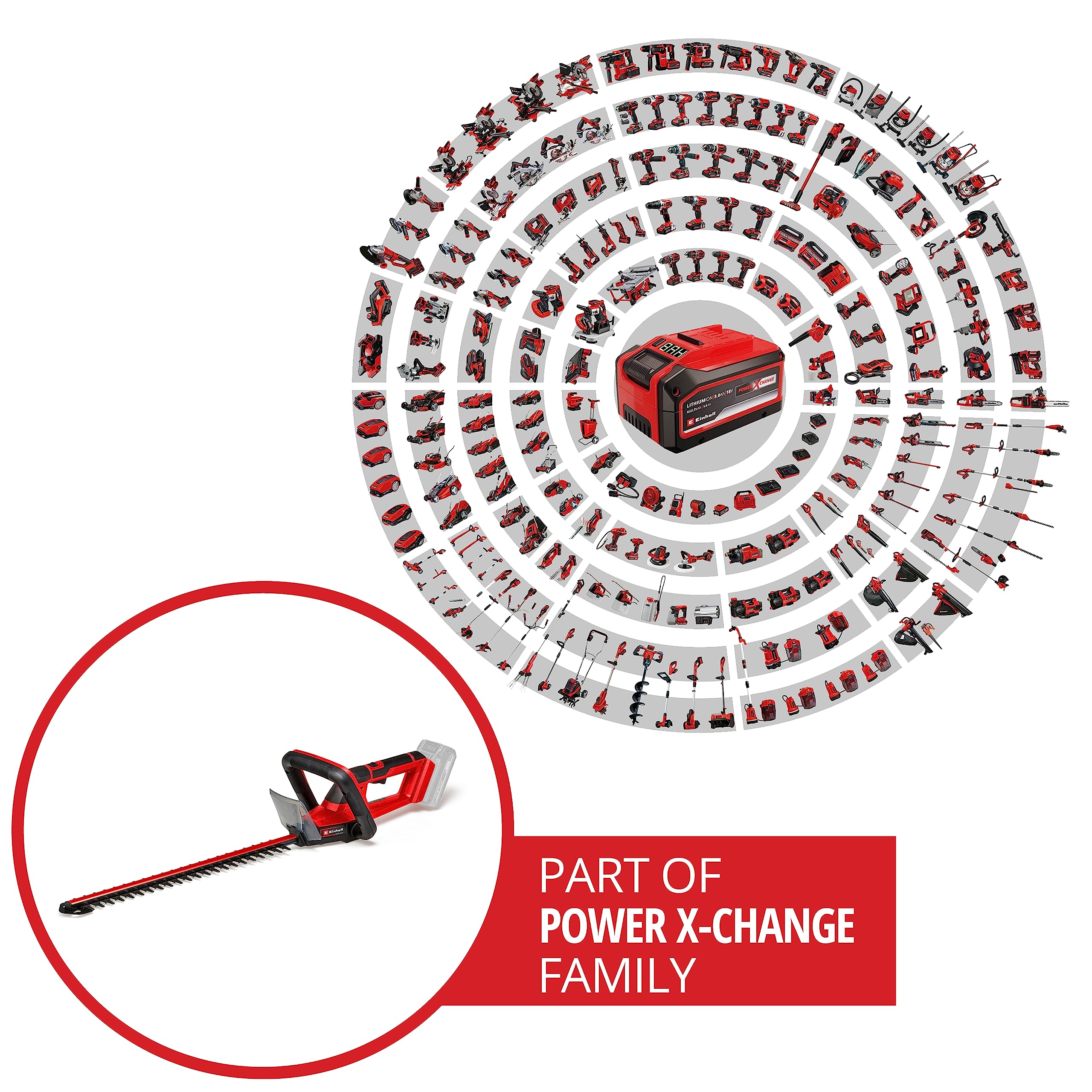Einhell Akumulatorowe nożyce do żywopłotu GC-CH 18/50 Li Solo Power X-Change (Li-Ion, 18 V, metalowa przekładnia, aluminiowa osłona ostrza, z walizką, bez akumulatora i bez ładowarki)