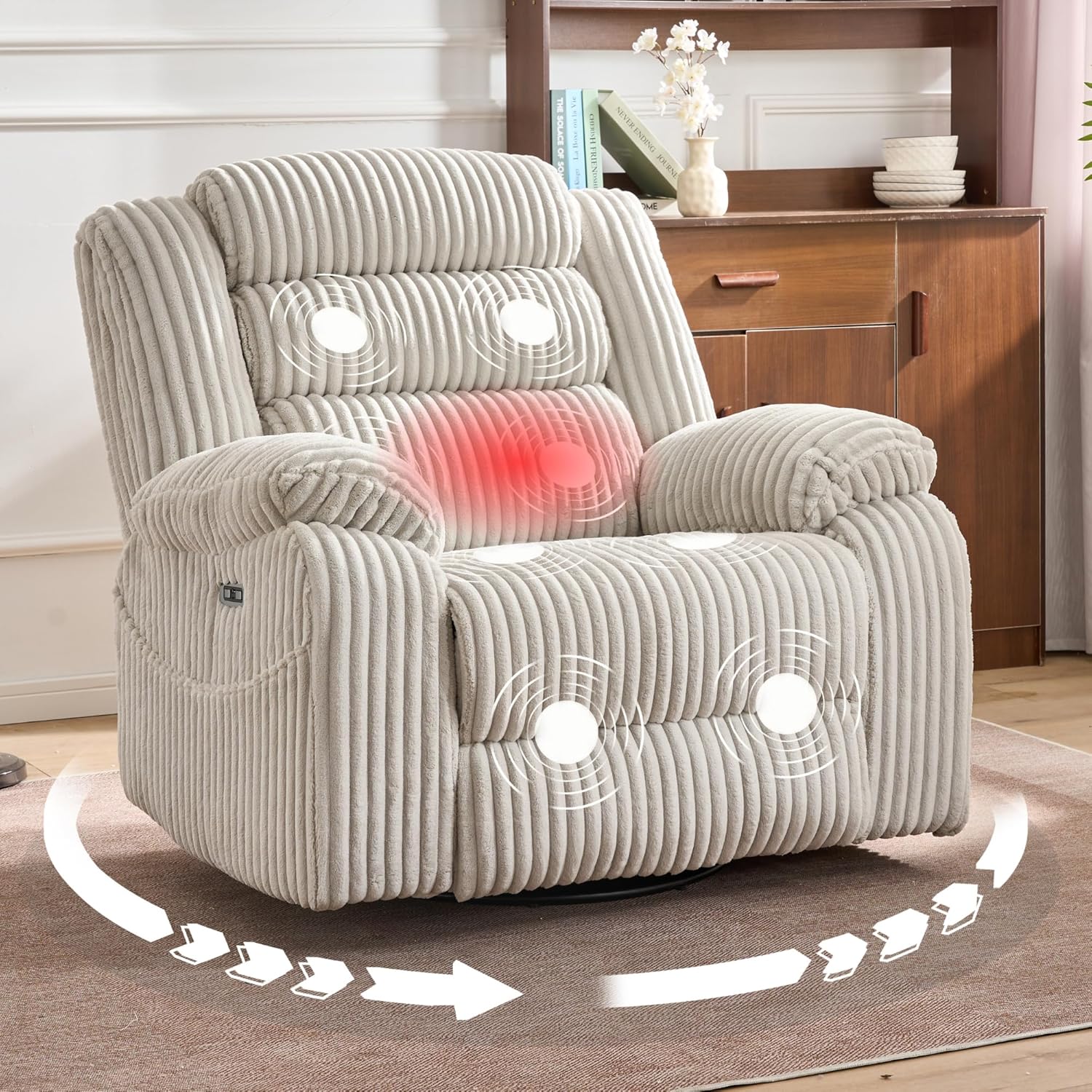 Extra Wide Power Swivel Rocker Recliner for Adults with Heat Massage, USB & Type-C Charging, Electric Glider Rocking Chair for Living Room Nursery Bedroom Office