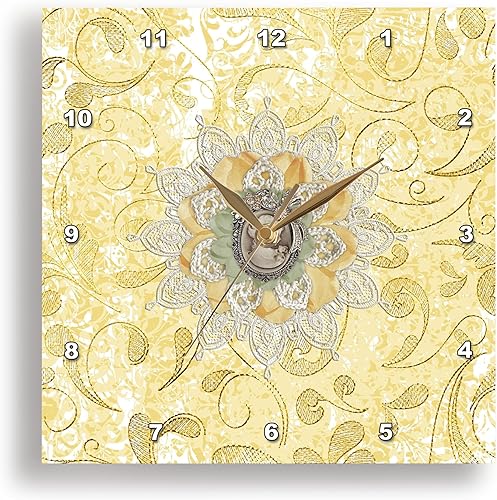 3dRose Wall Clock Silent - 10 inch - Image of Cameo in Gold, Yellow Lace Flora Design - Cameo Design