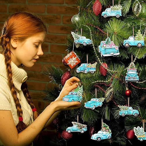 Miniatura 7 de 36 adornos de madera para árbol de Navidad, adornos de camión de Navidad, decoración colgante de madera de camión azul, manualidades colgantes de