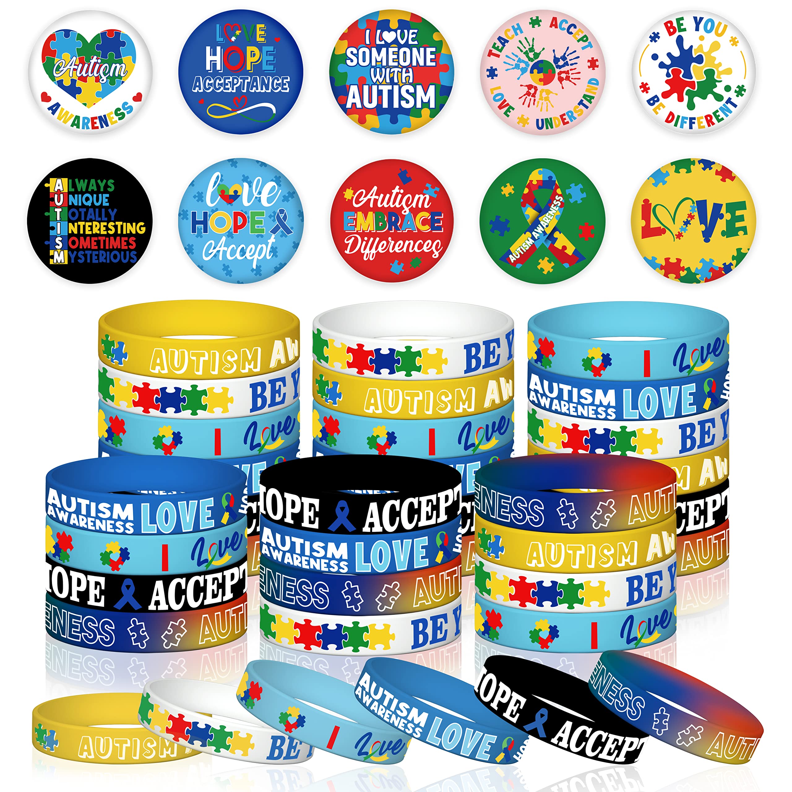 60 Pcs Autism Awareness Accessories Bulk Include 30 Puzzle Pieces Bracelet Silicone Wristband and 30 Button Badges Pins Special Autism Education for Adult Teens Motivational Party Supplies (blue)