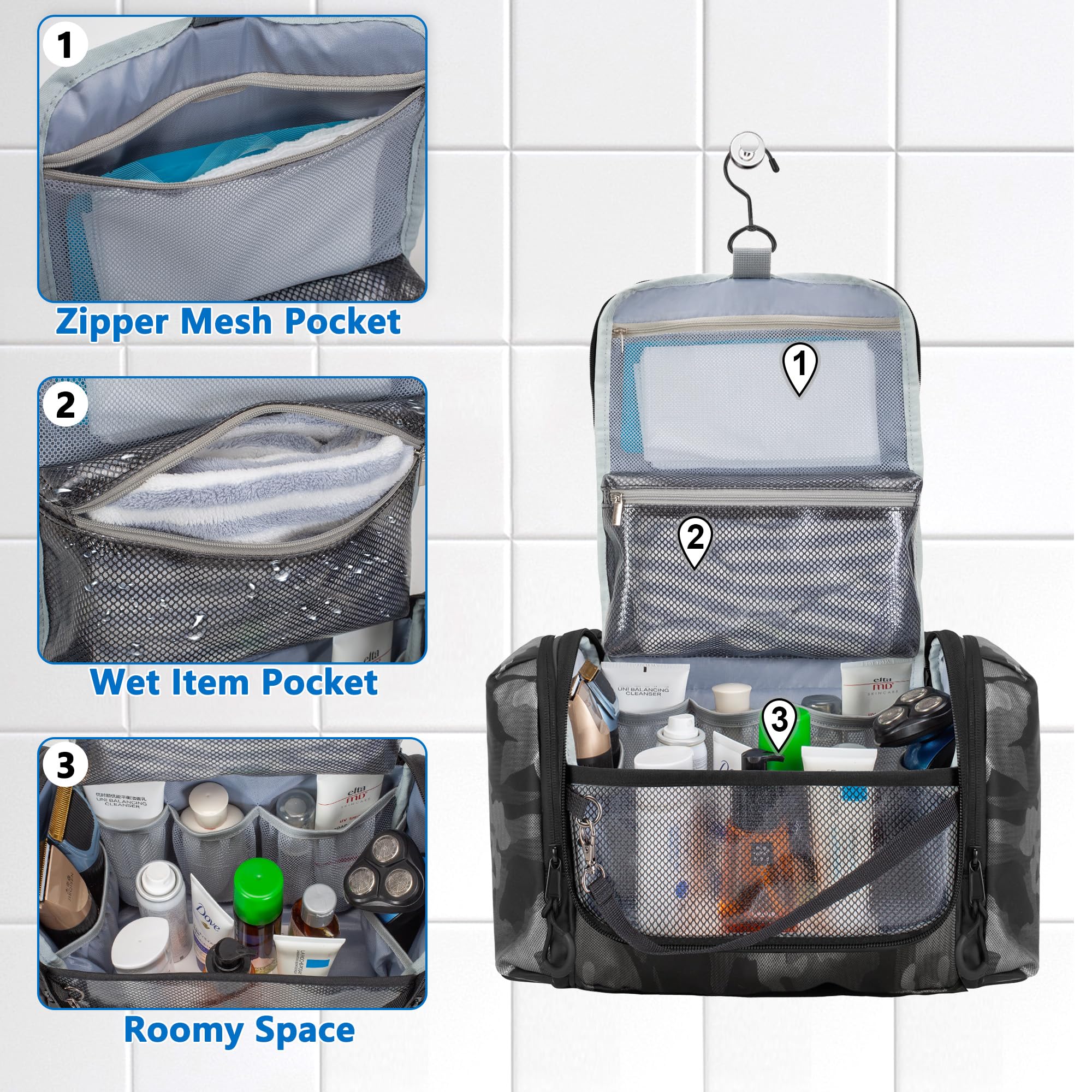 Neceser colgante para hombre, kit táctico de viaje, organizador de higiene grande, bolsa de ducha para acampar al aire libre, Camo Negro