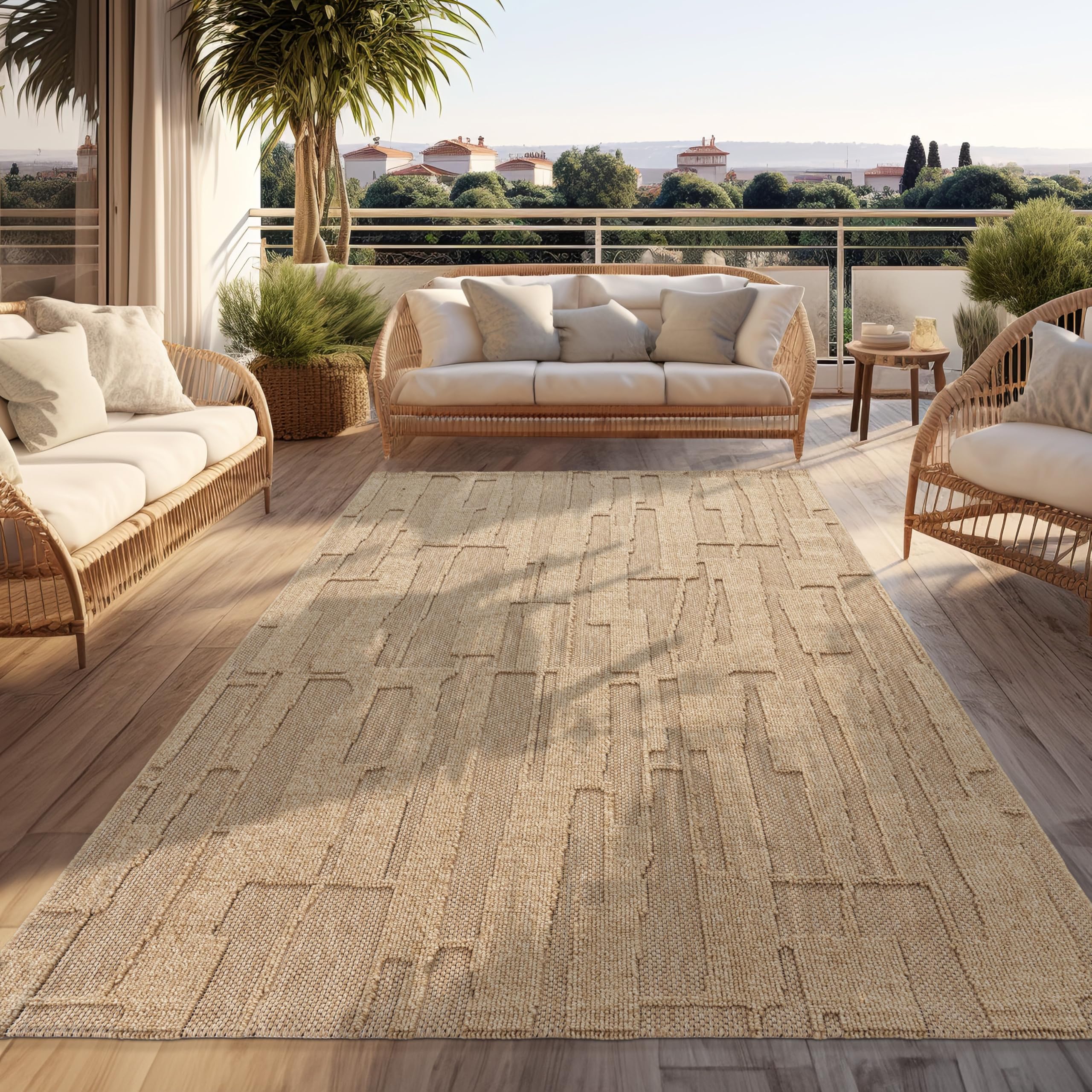Paco Home Outdoor Teppich Wetterfest Balkon Flur Wohnzimmer Boho Design Abstraktes Muster Geometrisch 3D Effekt Moderne Deko Beige, Grösse:240x340 cm