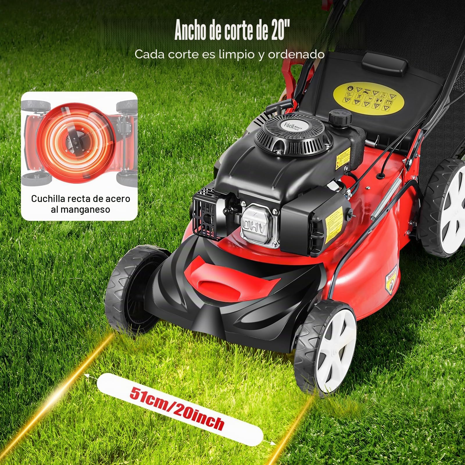 Cortacésped, Mower, cortacésped de gasolina, ajuste de altura de nivel 8, motor de gasolina de 140 cc de cuatro tiempos, 2800 rpm, ancho de corte puede ser de 51 cm