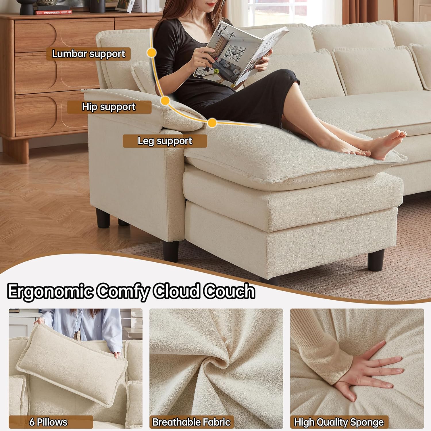 Comfy Cloud Couch Sectional Sofa with Lumbar Pillows, 105" Modern U-Shaped Cloud Sofa with Double Chaise & Deep Seat, Sectional Couches for Living Room, Office, Easy Assembly, Beige