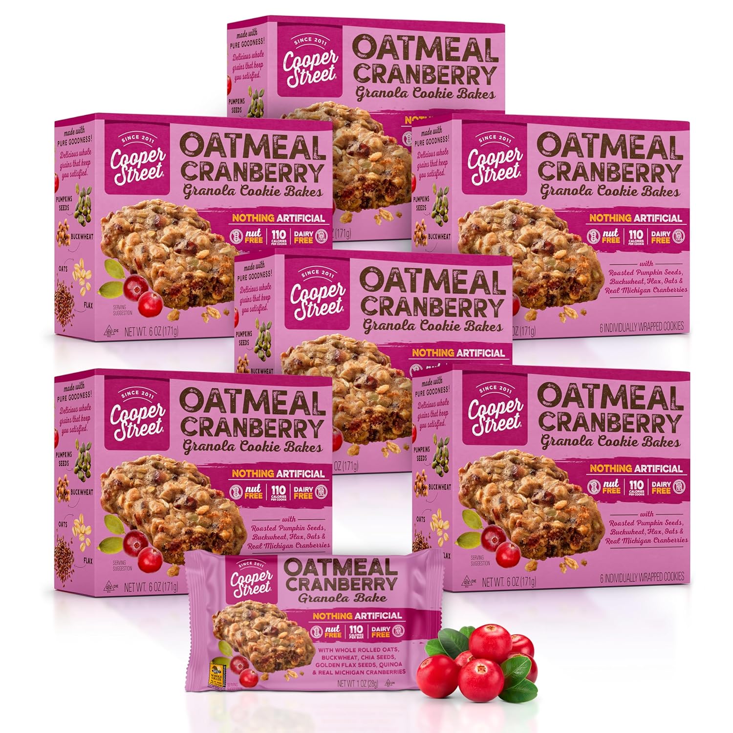 Cooper Street Granola Cookie Bake - Oatmeal Cranberry Chewy Granola Bars | Individually Wrapped Healthy Breakfast Granola Bars | 6 oz | 6 Pack